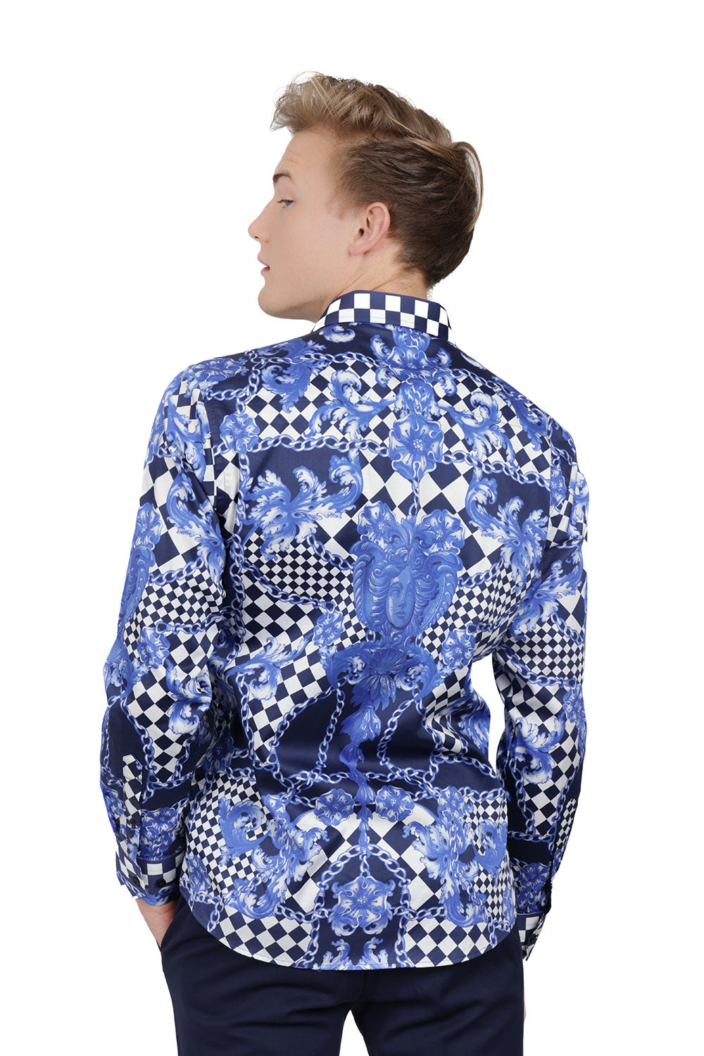 BARABAS Men's Medusa Floral Checkered Baroque Button Down Shirt SP02