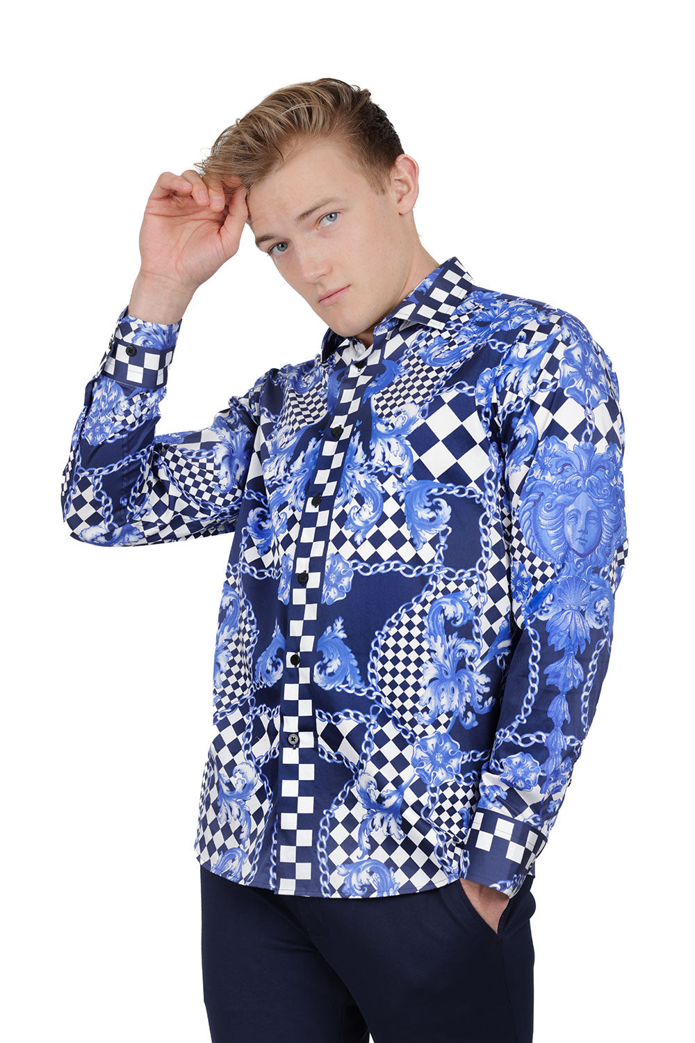 BARABAS Men's Medusa Floral Checkered Baroque Button Down Shirt SP02