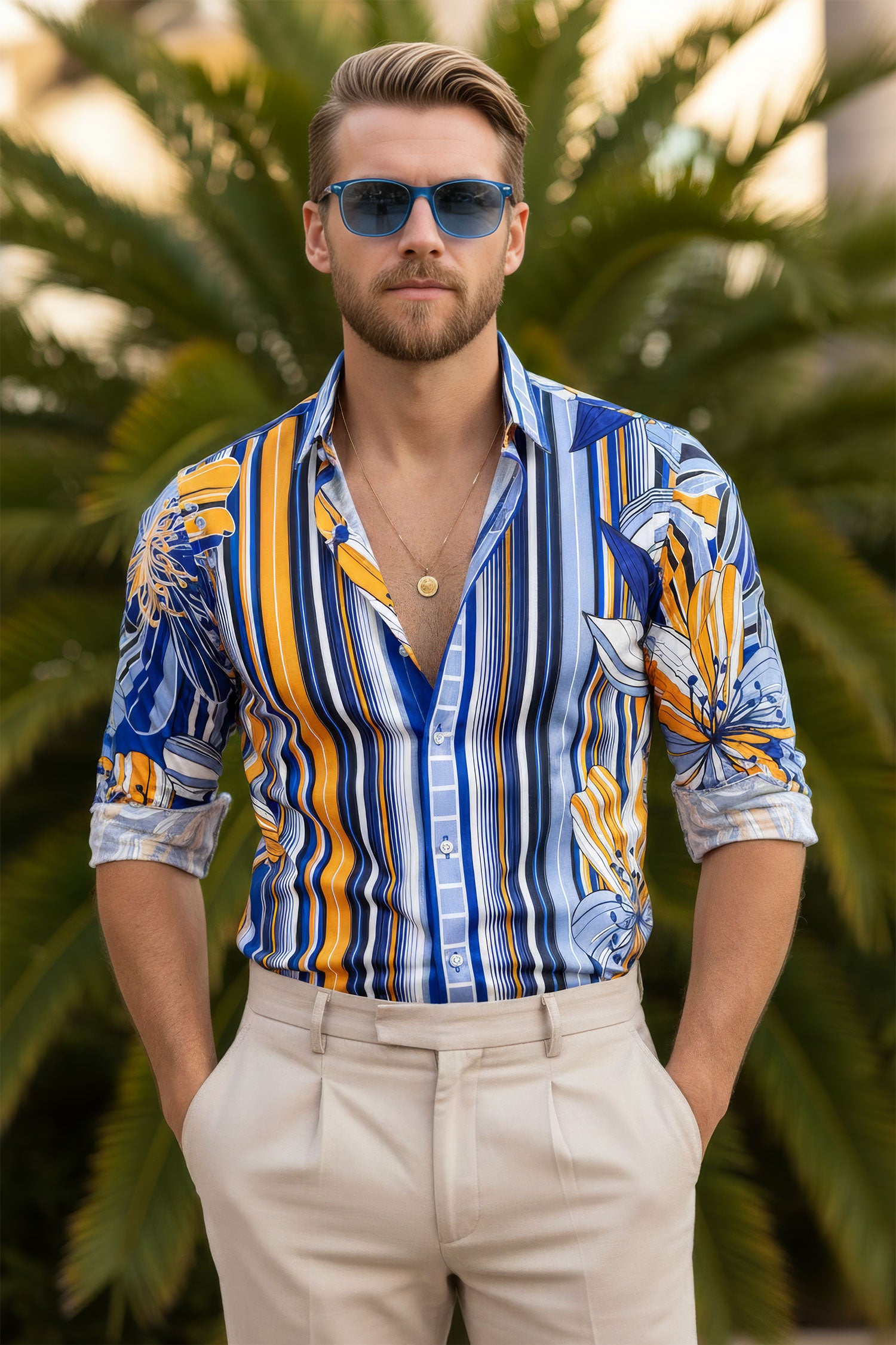 BARABAS Men's Vibrant Floral Printed Striped Long Sleeves Shirt SP08 Blue