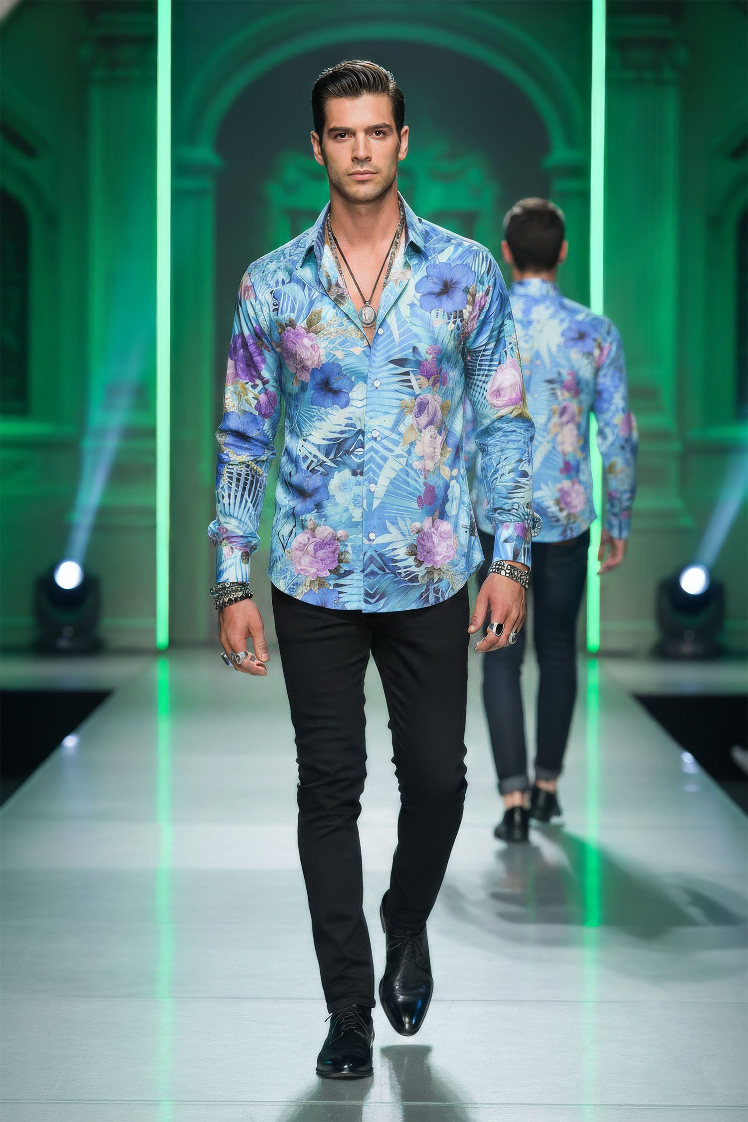 Barabas Men's Floral Print Design Luxury Button Down Shirt SP14 Blue