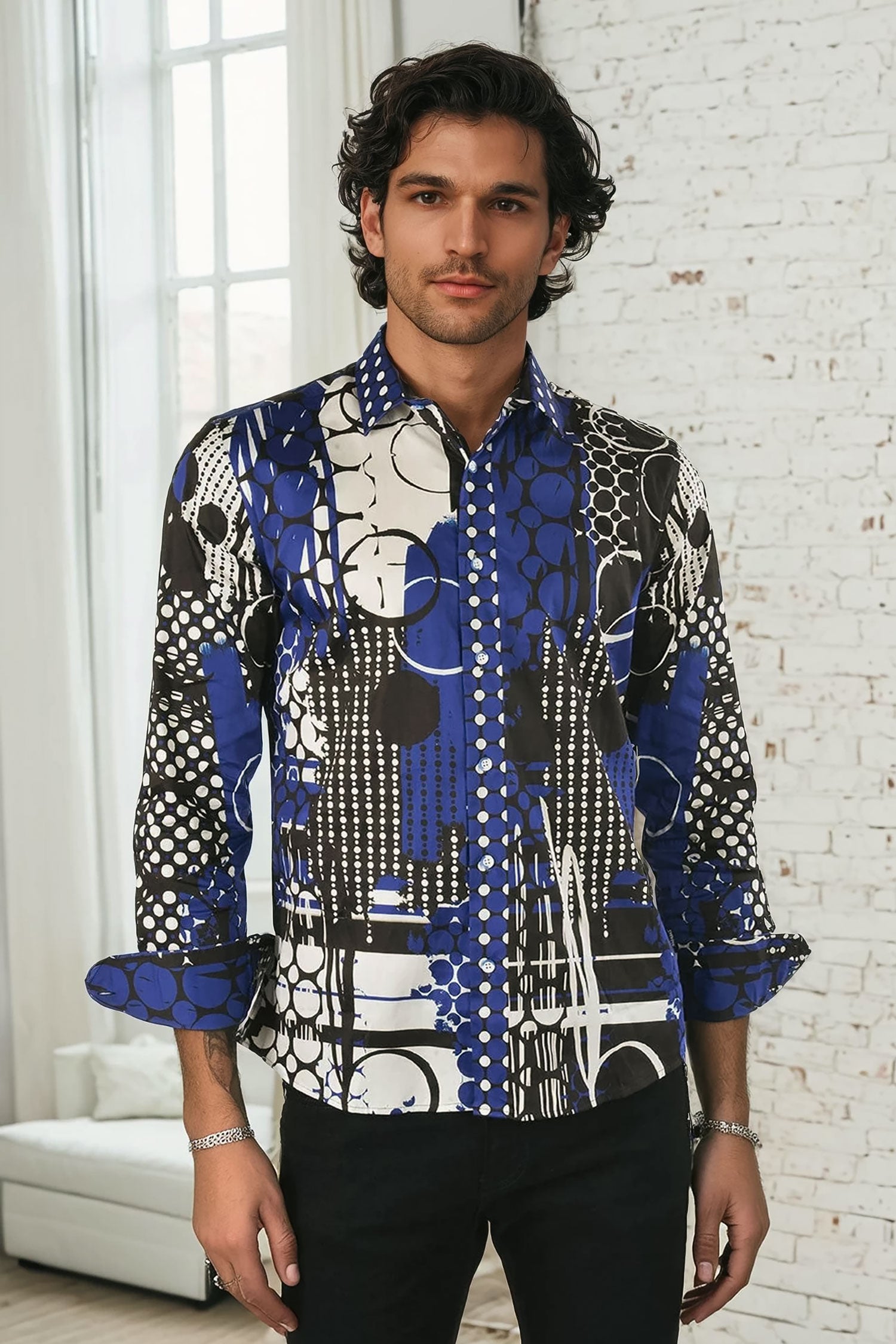Barabas Men's Oval Geo Prints Design Luxury Button Down Shirt SP17 Blue white