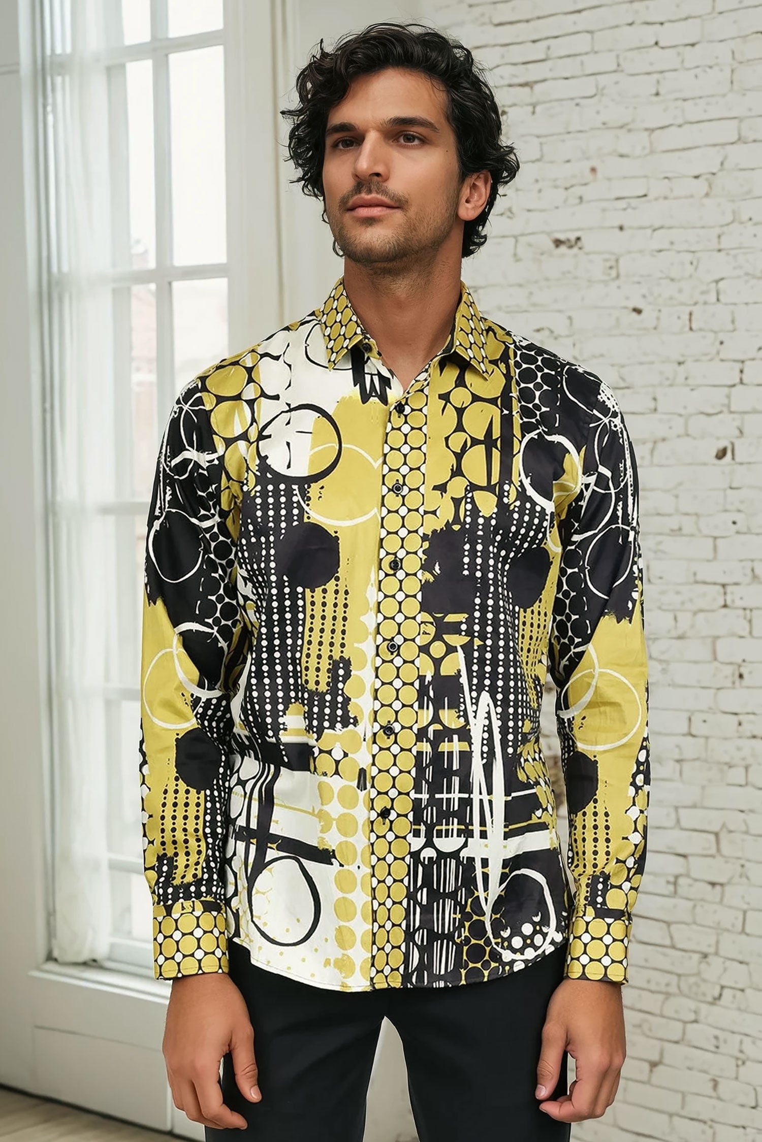 Barabas Men's Oval Geo Prints Design Luxury Button Down Shirt SP17 Gold