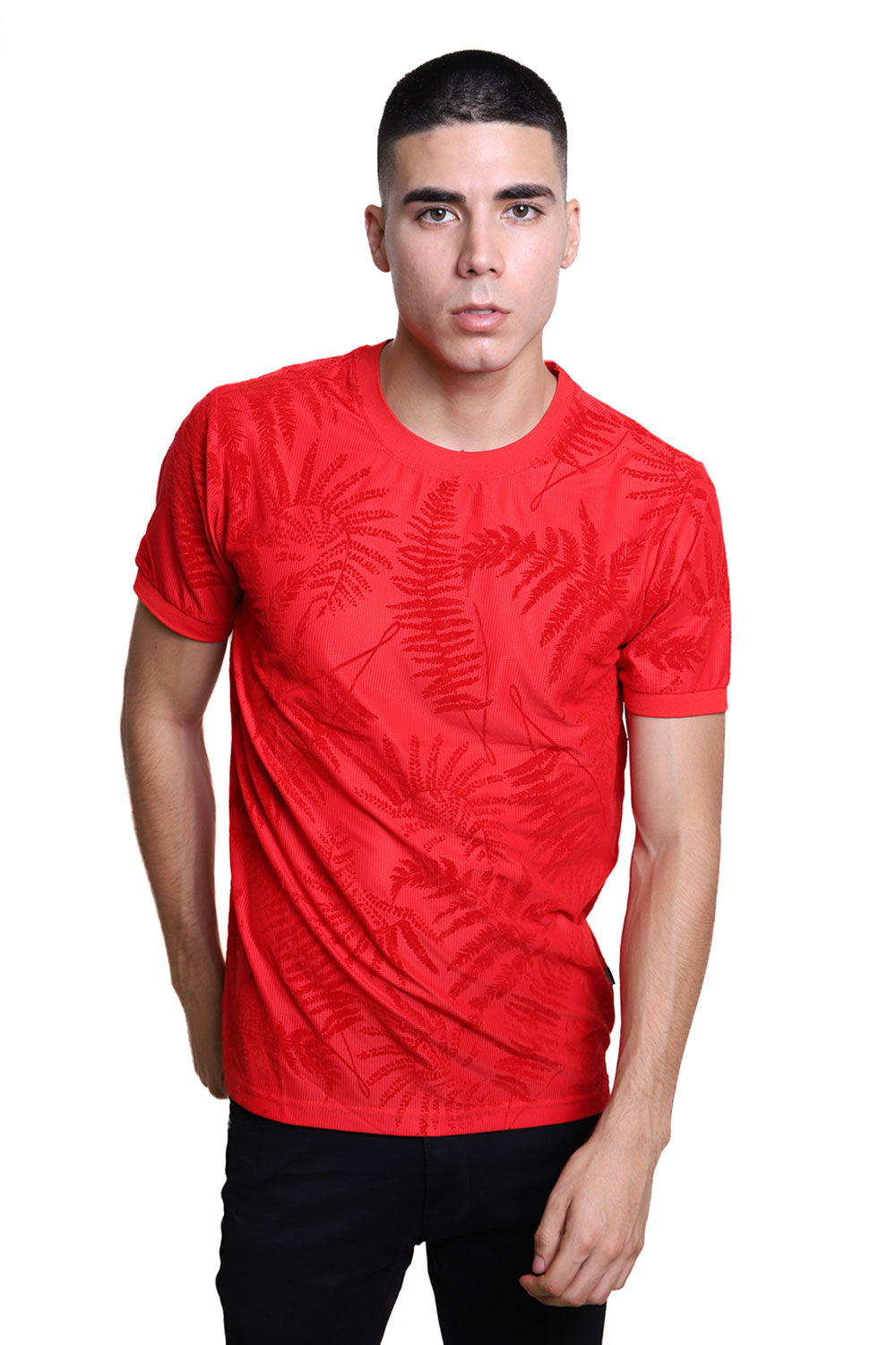 BARABAS men's leaf textured fabric crew neck black white T-Shirt SP505 Red