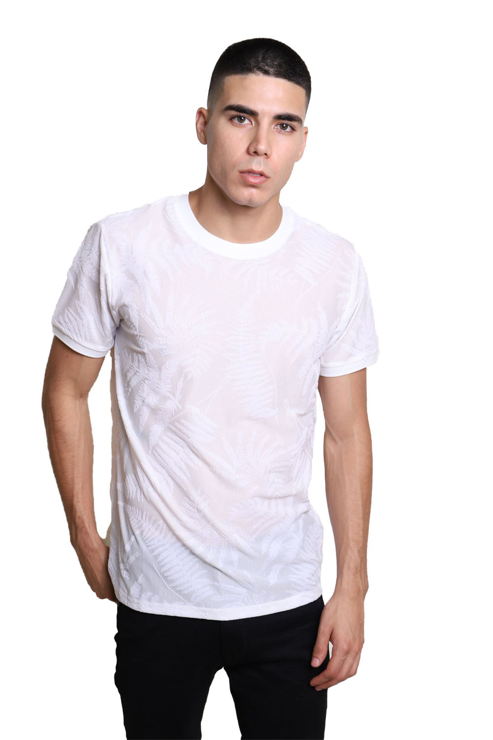 BARABAS men's leaf textured fabric crew neck black white T-Shirt SP505 White