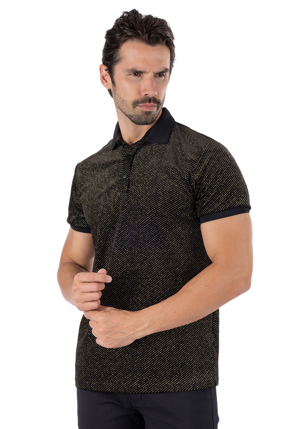 Barabas Men's Textured Shiny Solid Color Polo Shirts SP702 Black Gold