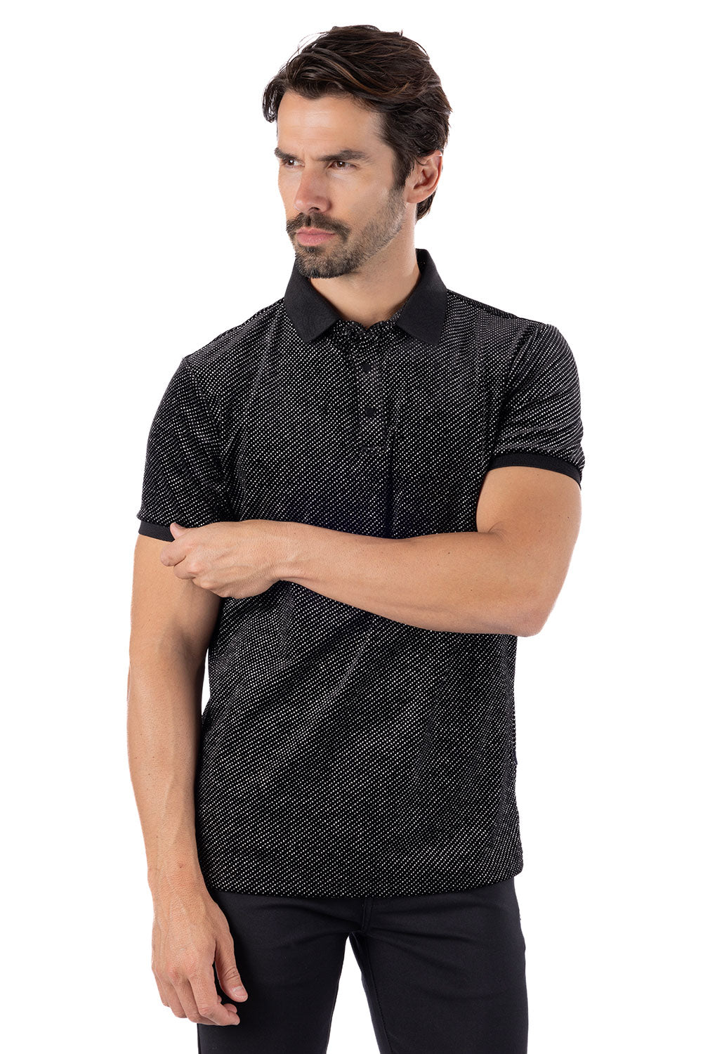 Barabas Men's Textured Shiny Solid Color Polo Shirts SP702 Black Silver