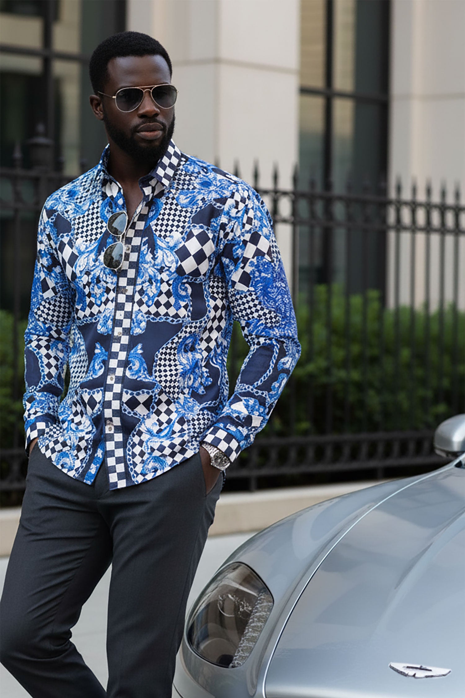 BARABAS Men's Medusa Floral Checkered Baroque Button Down Shirt SPR02 Blue