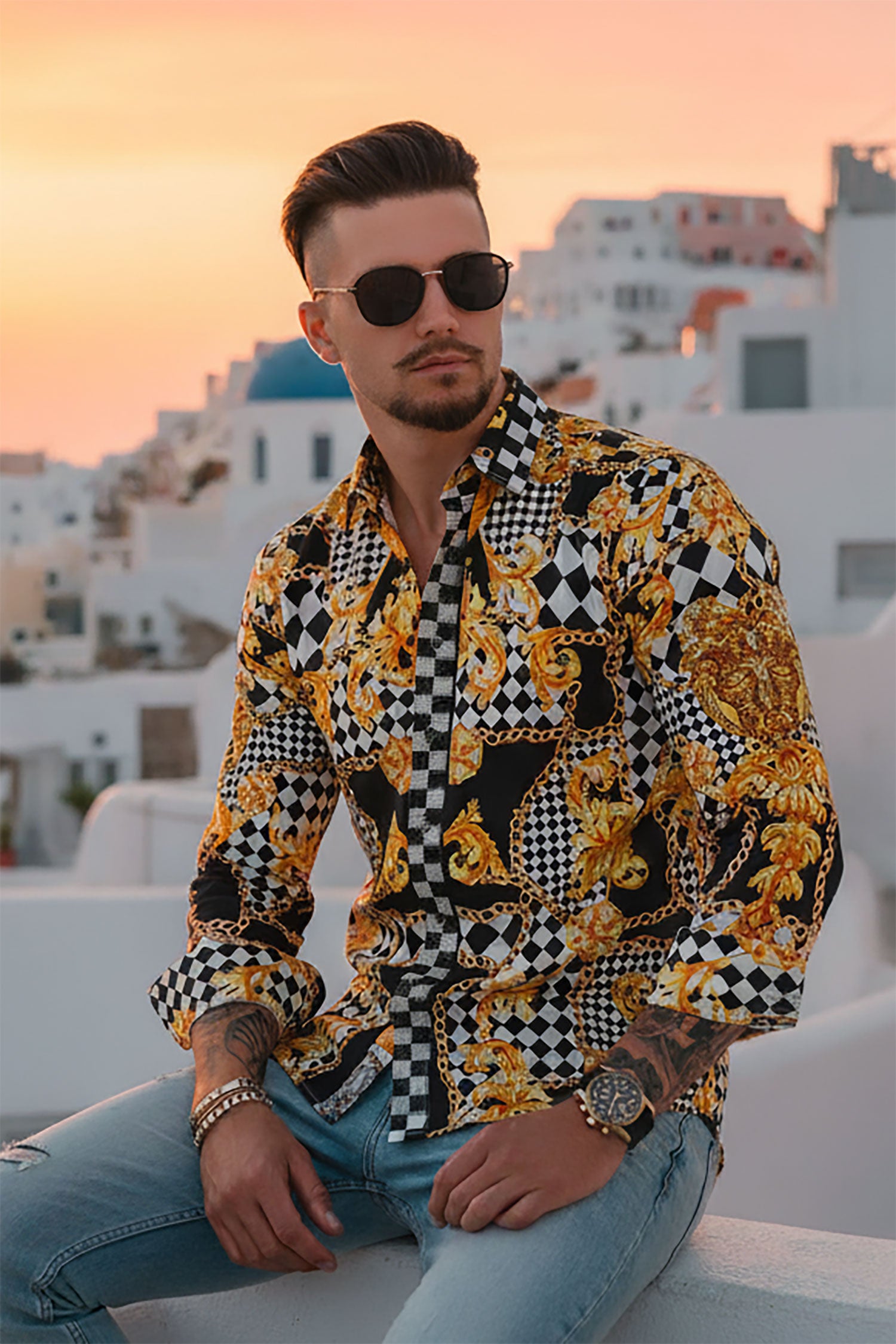 BARABAS Men's Medusa Floral Checkered Baroque Button Down Shirt SPR02 Black