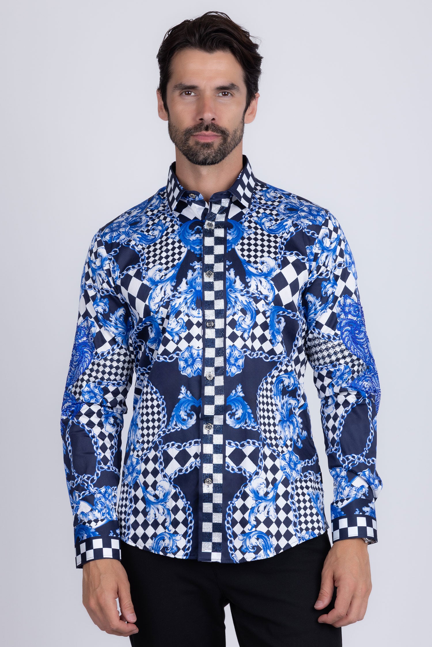 BARABAS Men's Medusa Floral Checkered Baroque Button Down Shirt SPR02 Blue