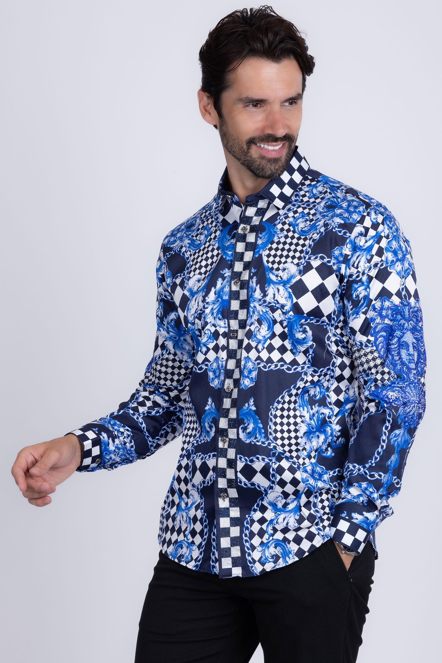 BARABAS Men's Medusa Floral Checkered Baroque Button Down Shirt SPR02 Blue