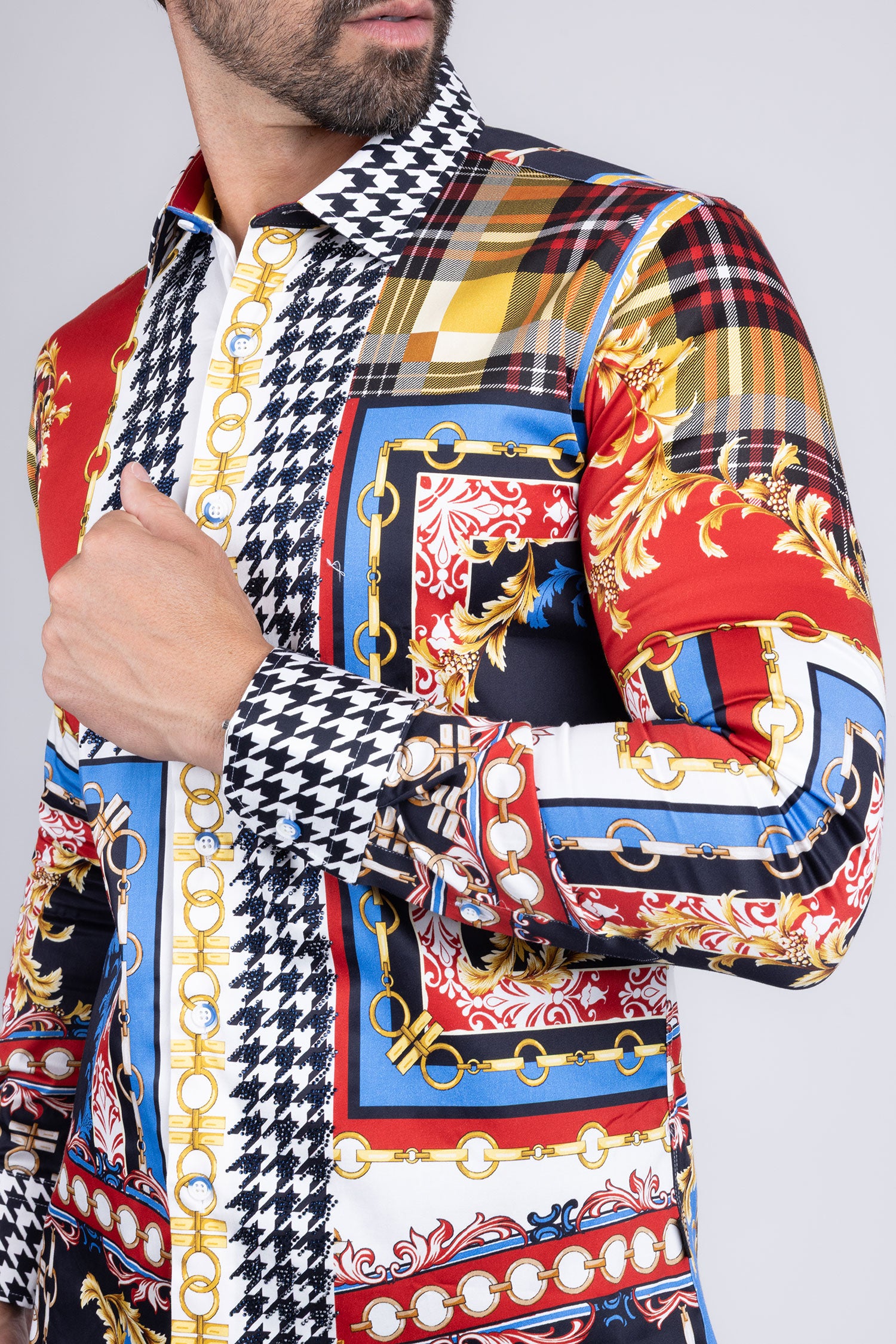 Barabas Men Gold Chain Floral Checkered Print Luxury Dress Shirt SPR06 Multi