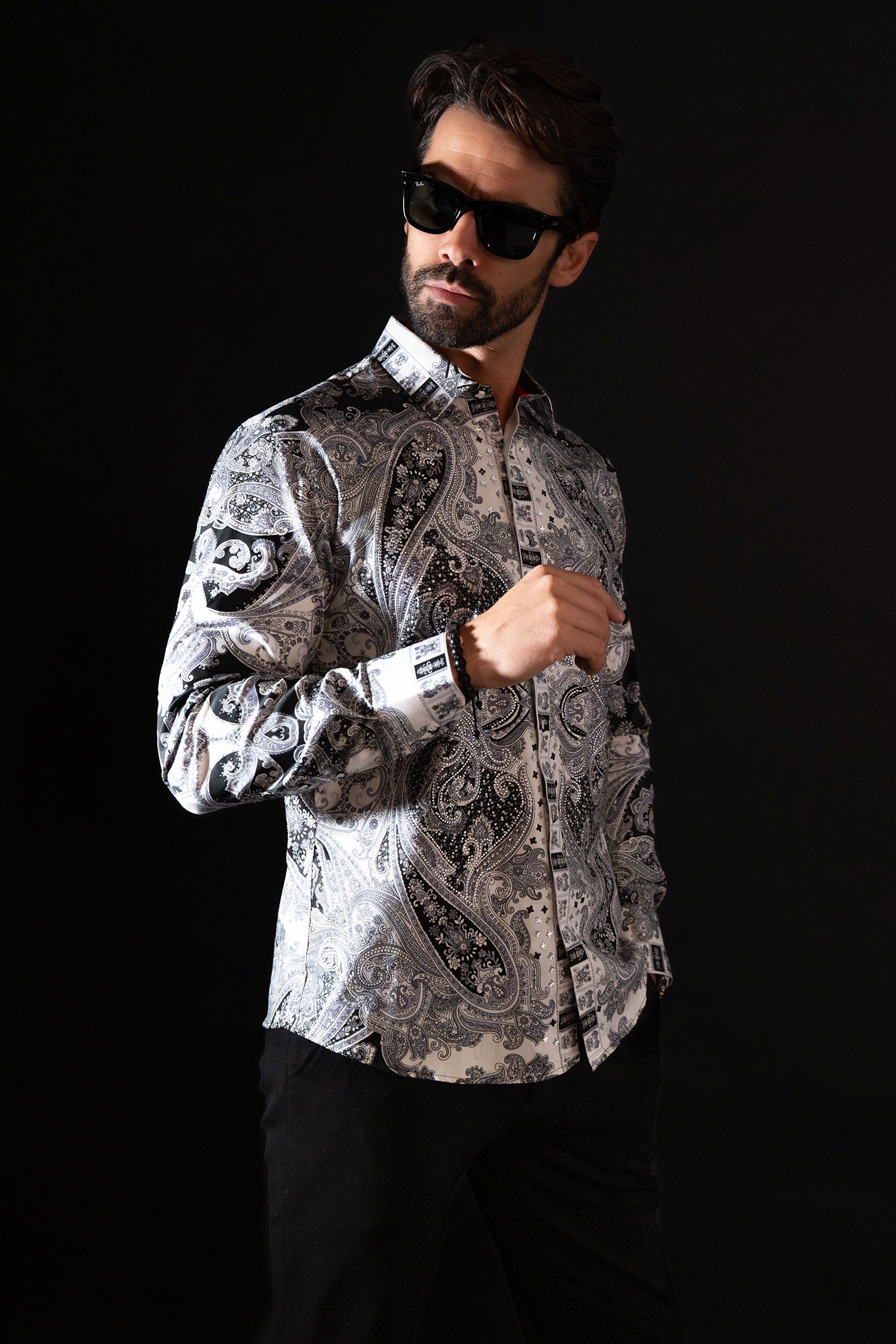 Barabas Men's Paisley rhinestone Printed Button Down Dress Shirt SPR10 Black