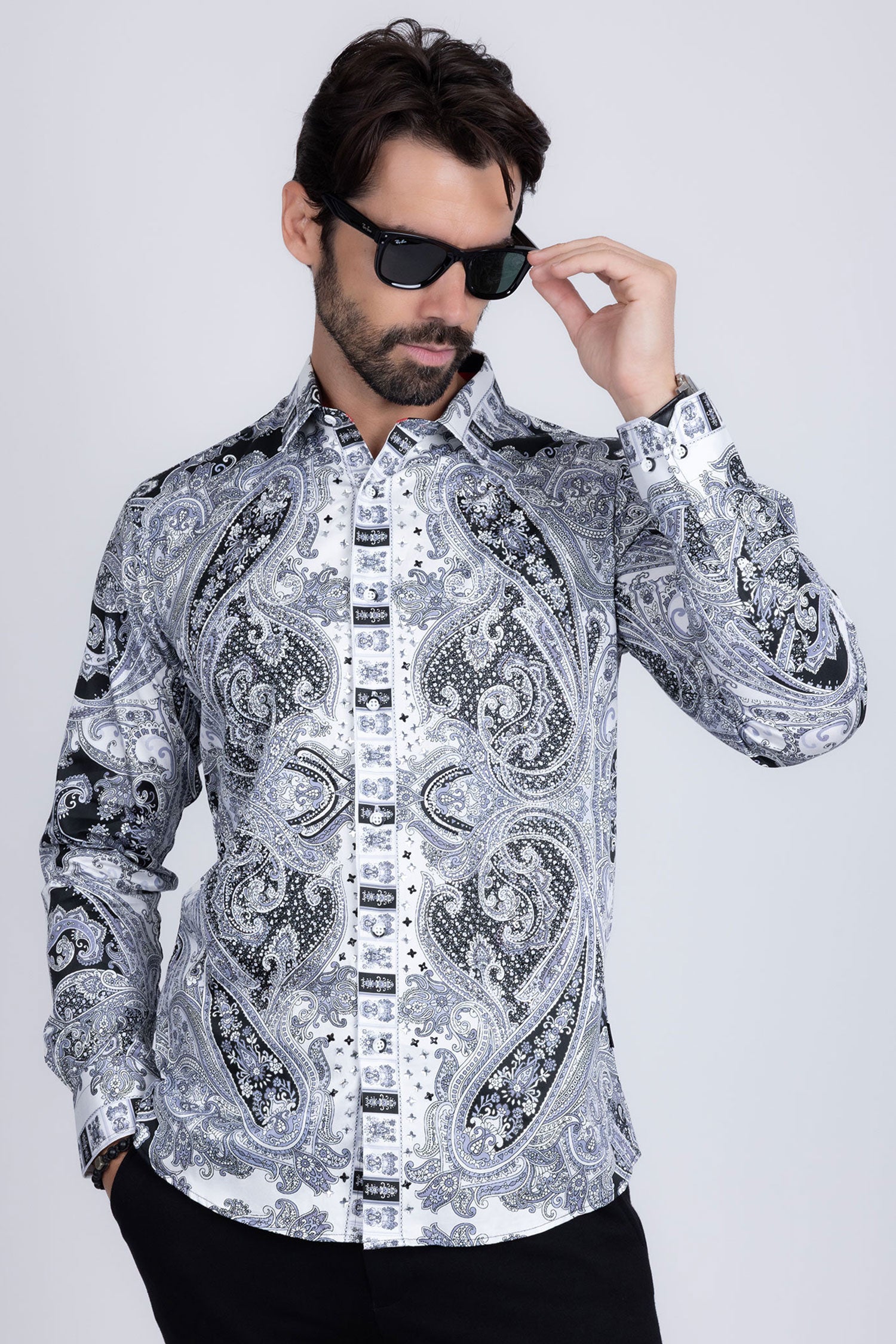Barabas Men's Paisley rhinestone Printed Button Down Dress Shirt SPR10 Black