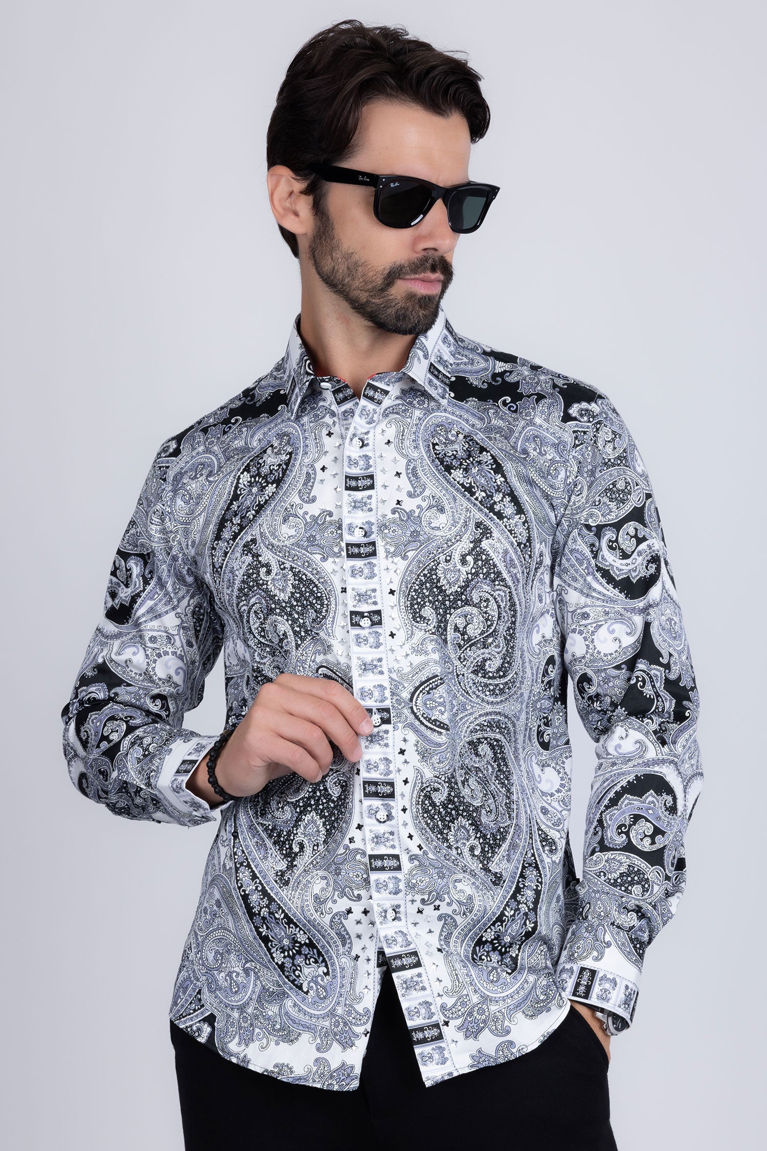 Barabas Men's Paisley rhinestone Printed Button Down Dress Shirt SPR10 Black