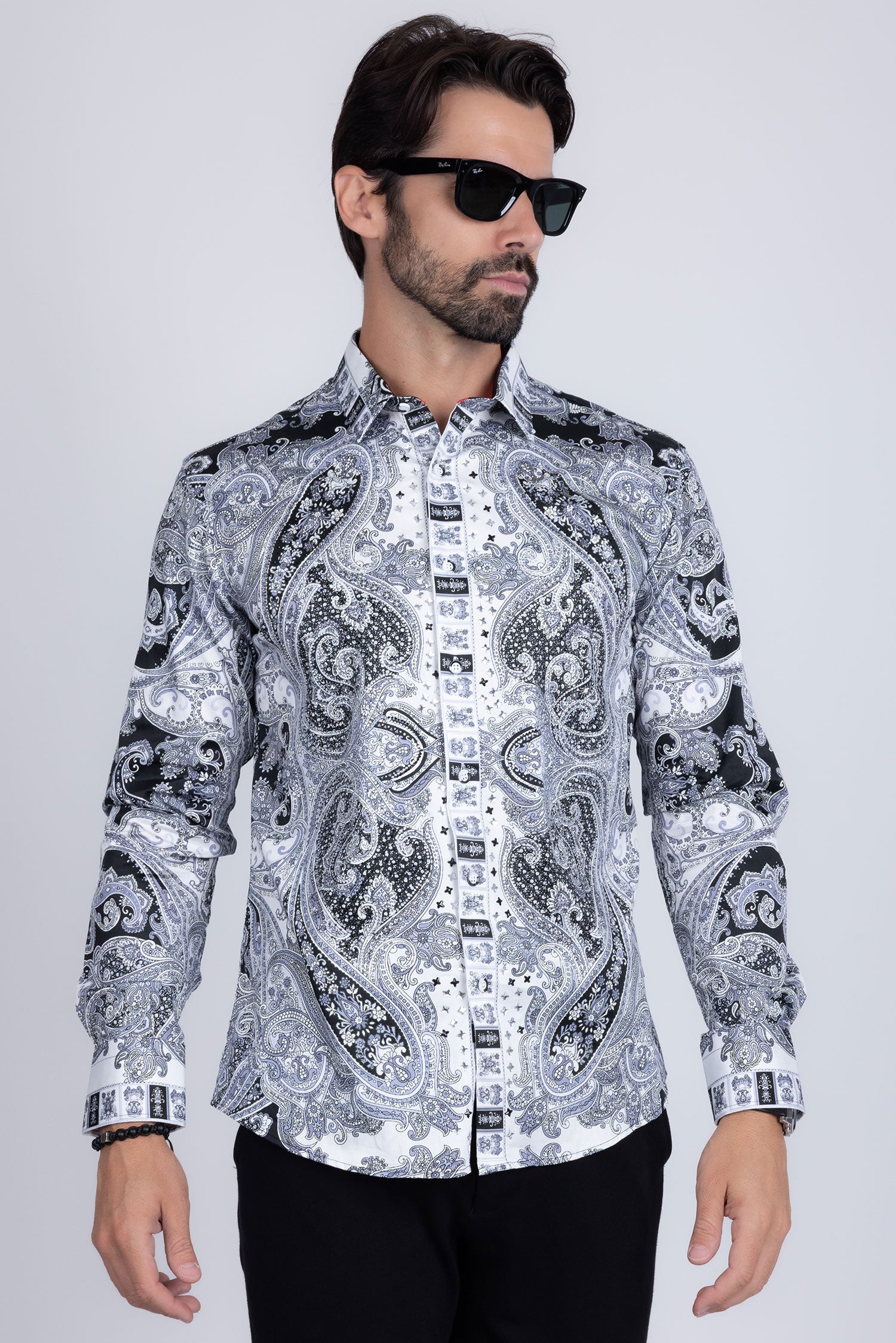Barabas Men's Paisley rhinestone Printed Button Down Dress Shirt SPR10 Black