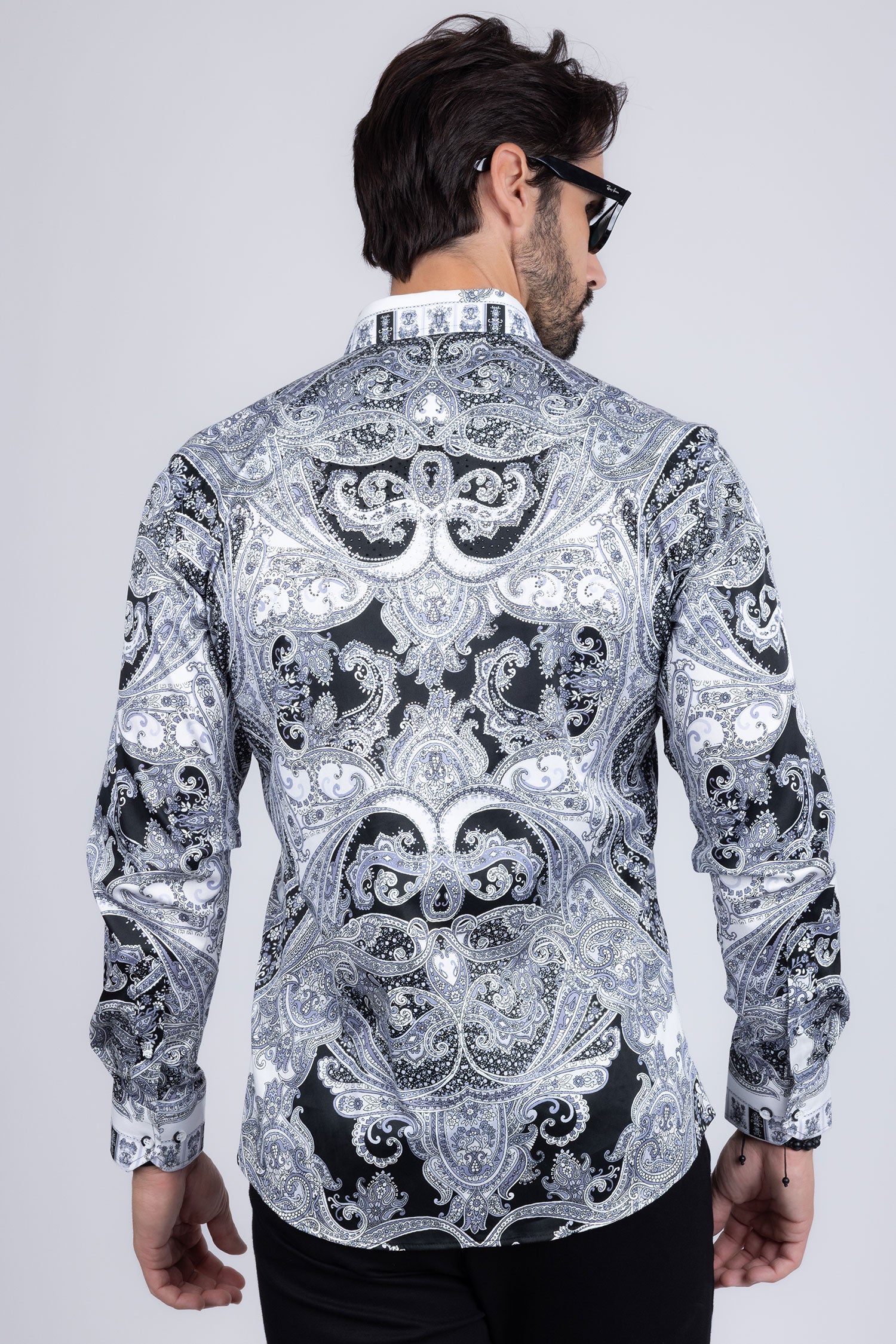 Barabas Men's Paisley rhinestone Printed Button Down Dress Shirt SPR10 Black