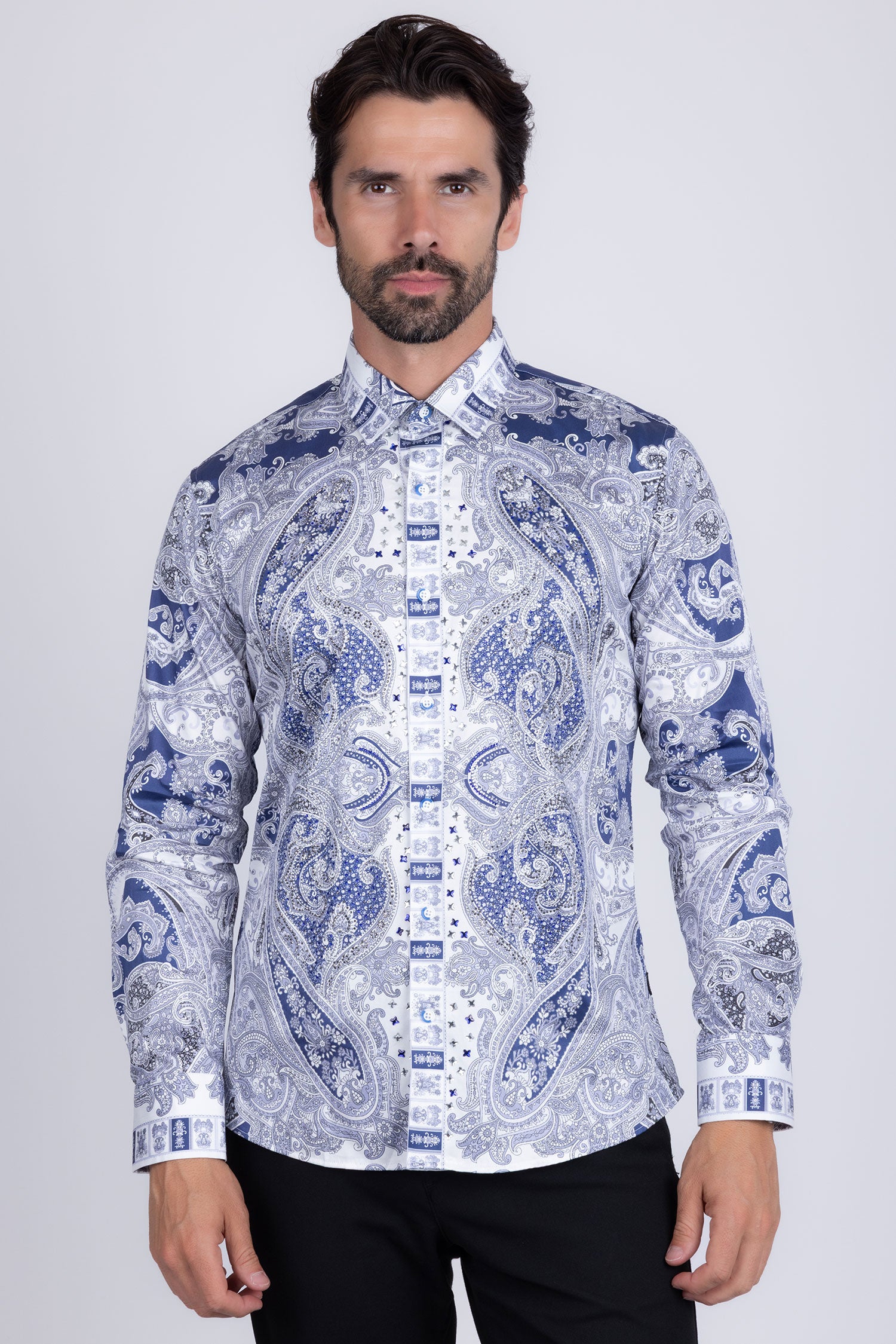 Barabas Men's Paisley rhinestone Printed Button Down Dress Shirt SPR10 Blue