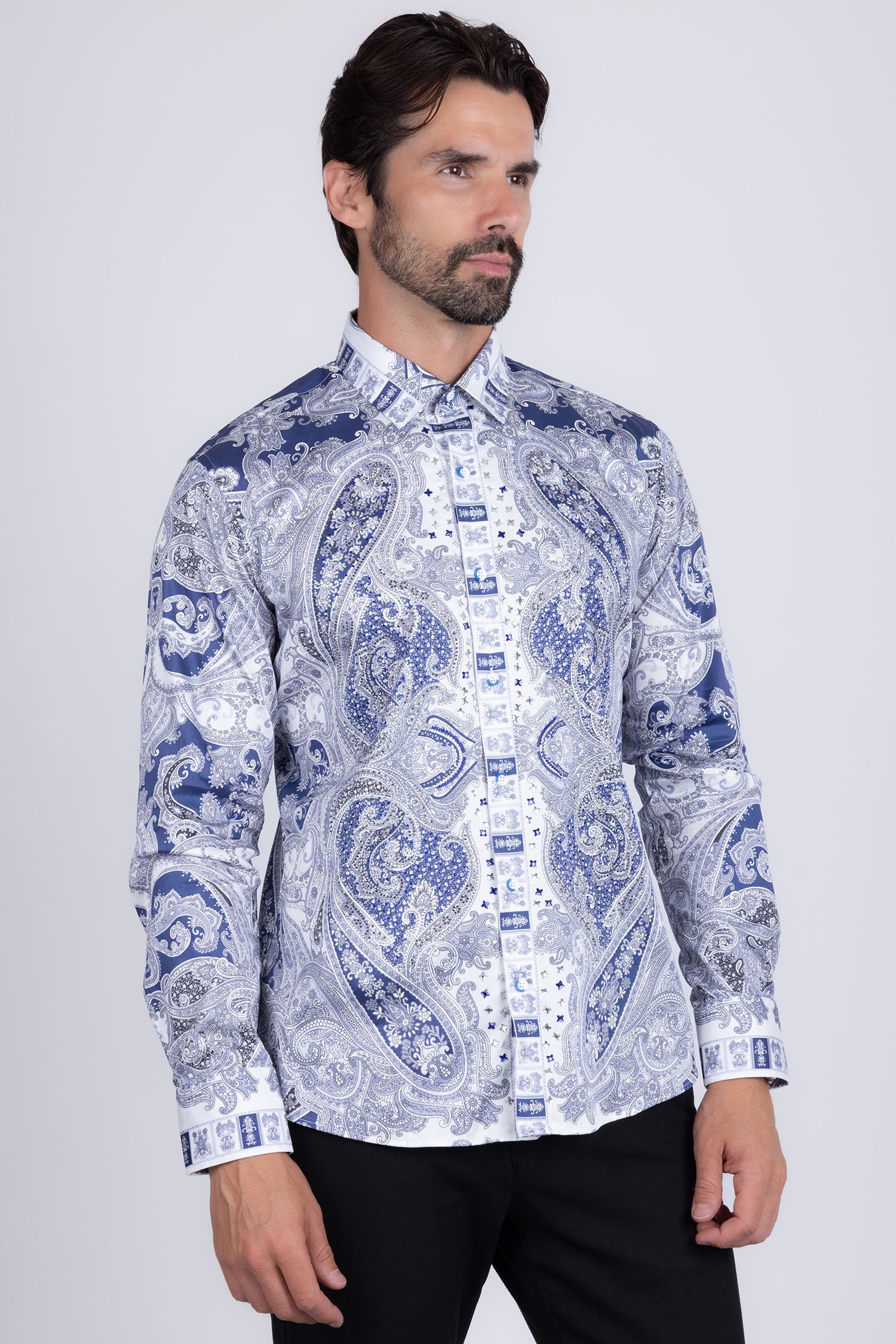 Barabas Men's Paisley rhinestone Printed Button Down Dress Shirt SPR10 Blue