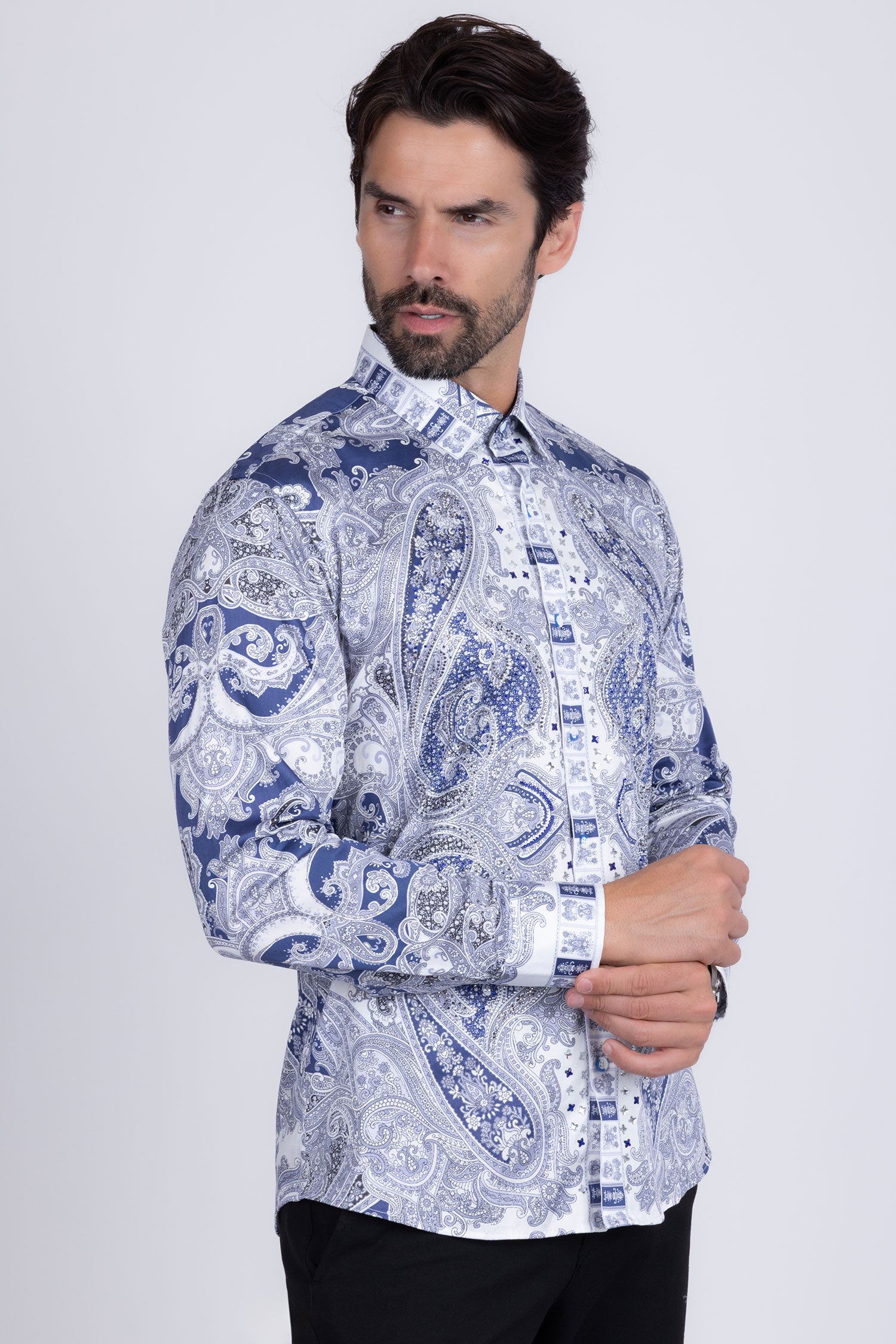 Barabas Men's Paisley rhinestone Printed Button Down Dress Shirt SPR10 Blue