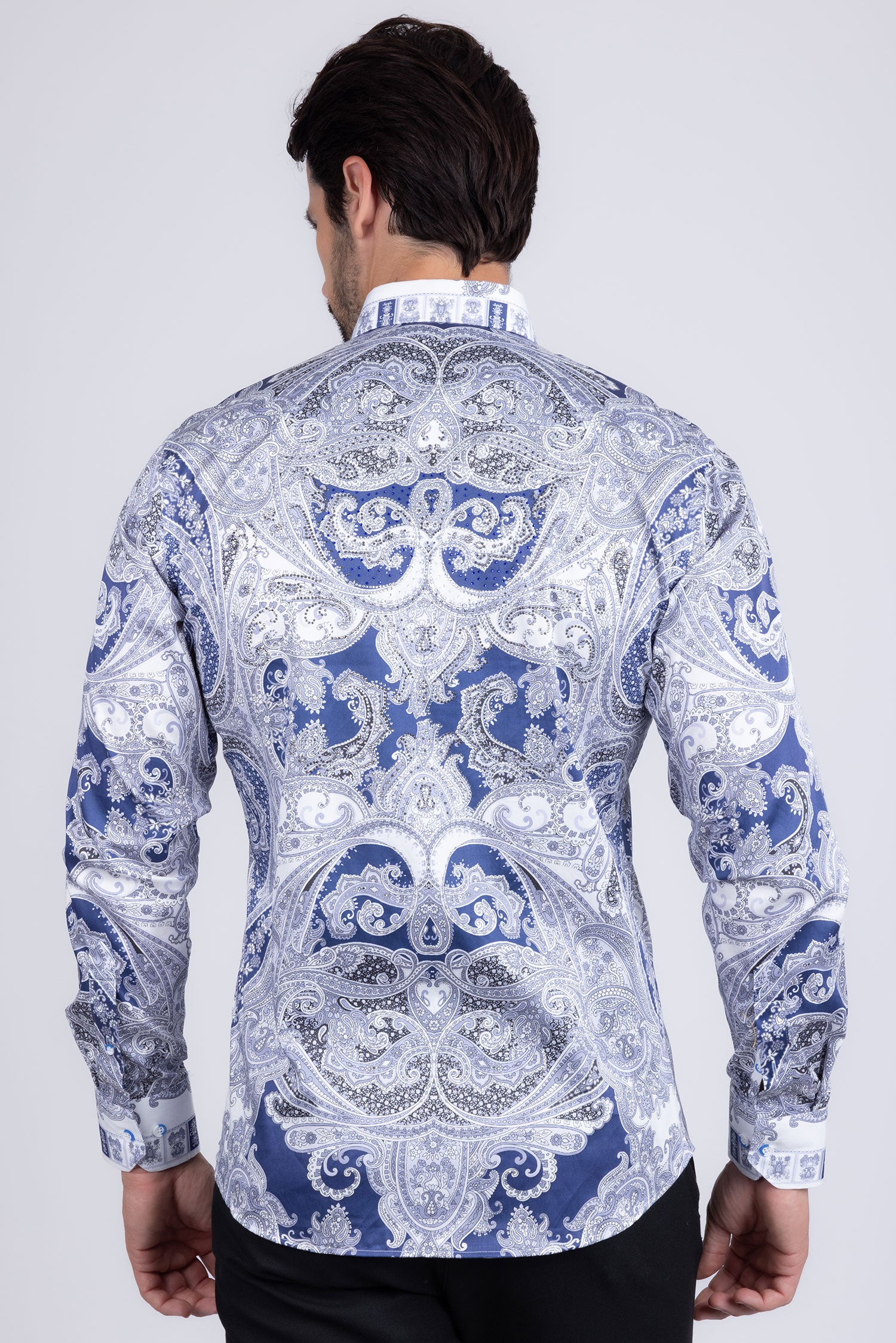 Barabas Men's Paisley rhinestone Printed Button Down Dress Shirt SPR10 Blue