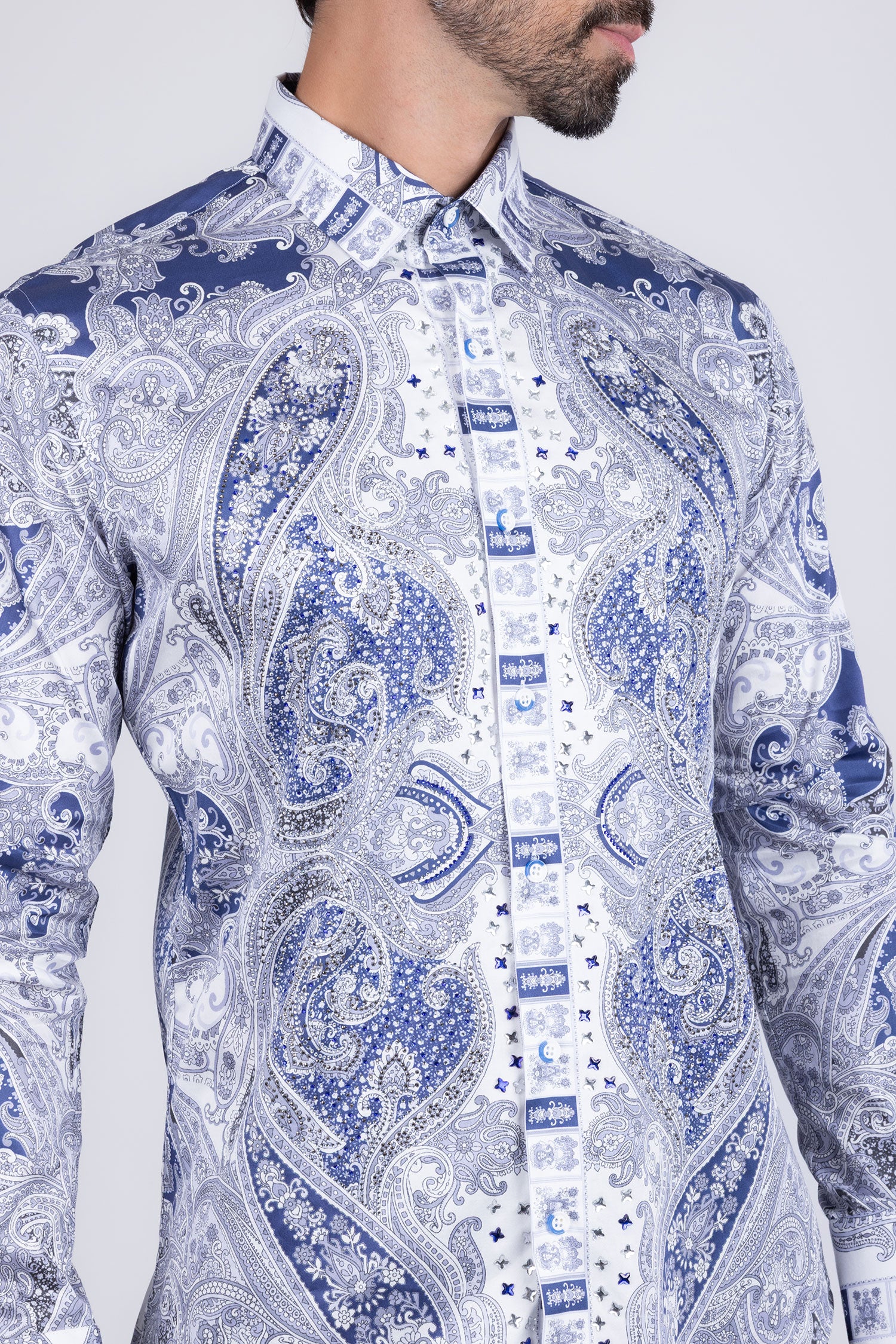 Barabas Men's Paisley rhinestone Printed Button Down Dress Shirt SPR10 Blue