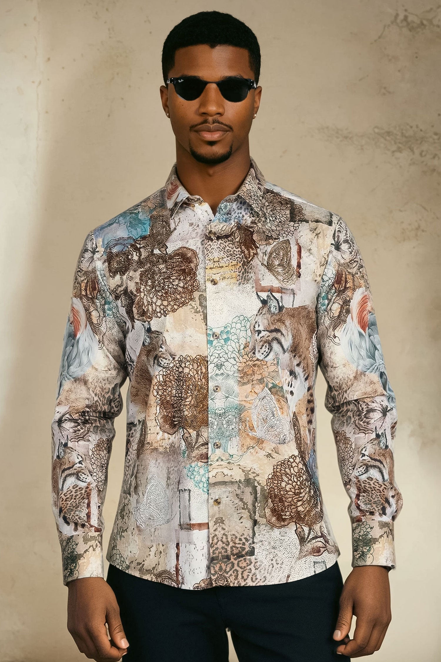 Barabas Men's Rhinestone Cockatoo Lynx Prints Long Sleeve Shirt SPR16 Stone