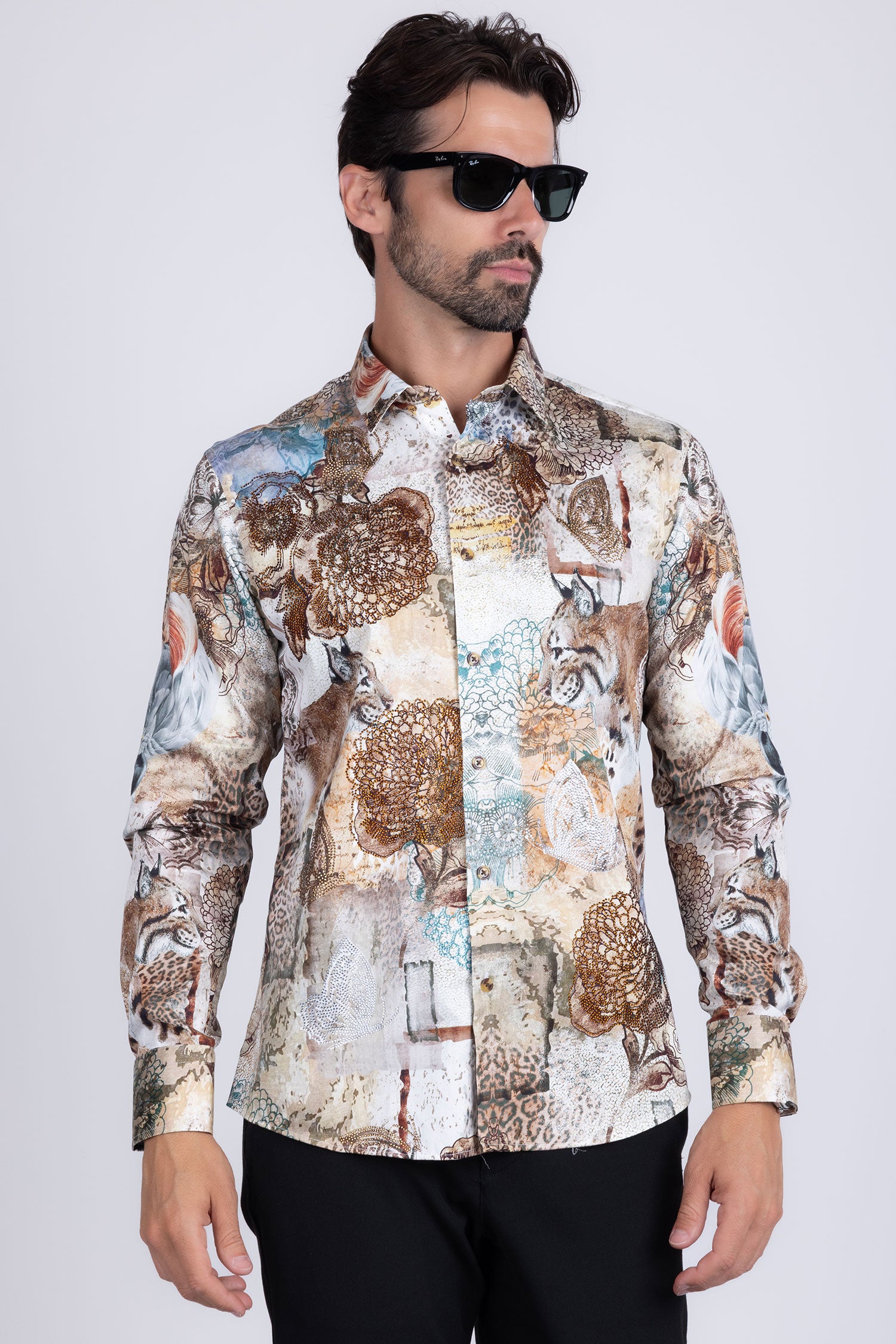 Barabas Men's Rhinestone Cockatoo Lynx Prints Long Sleeve Shirt SPR16 Stone