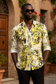 Barabas Men's Lion Printed Rhinestone Luxury Button Down Shirt SPR18 #Color_Citron