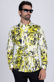 Barabas Men's Lion Printed Rhinestone Luxury Button Down Shirt SPR18 #Color_Citron