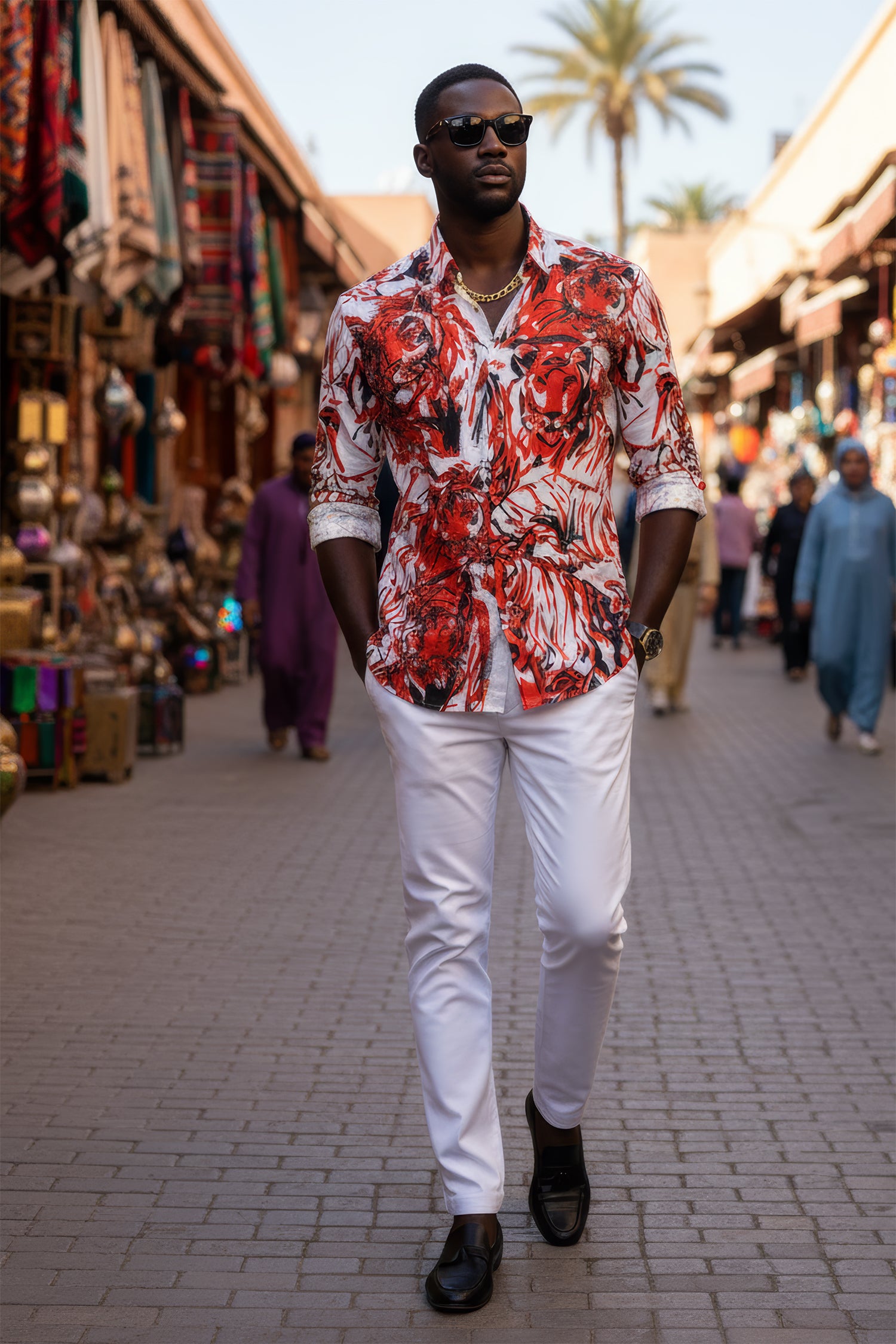 Barabas Men's Lion Printed Rhinestone Luxury Button Down Shirt SPR18 red