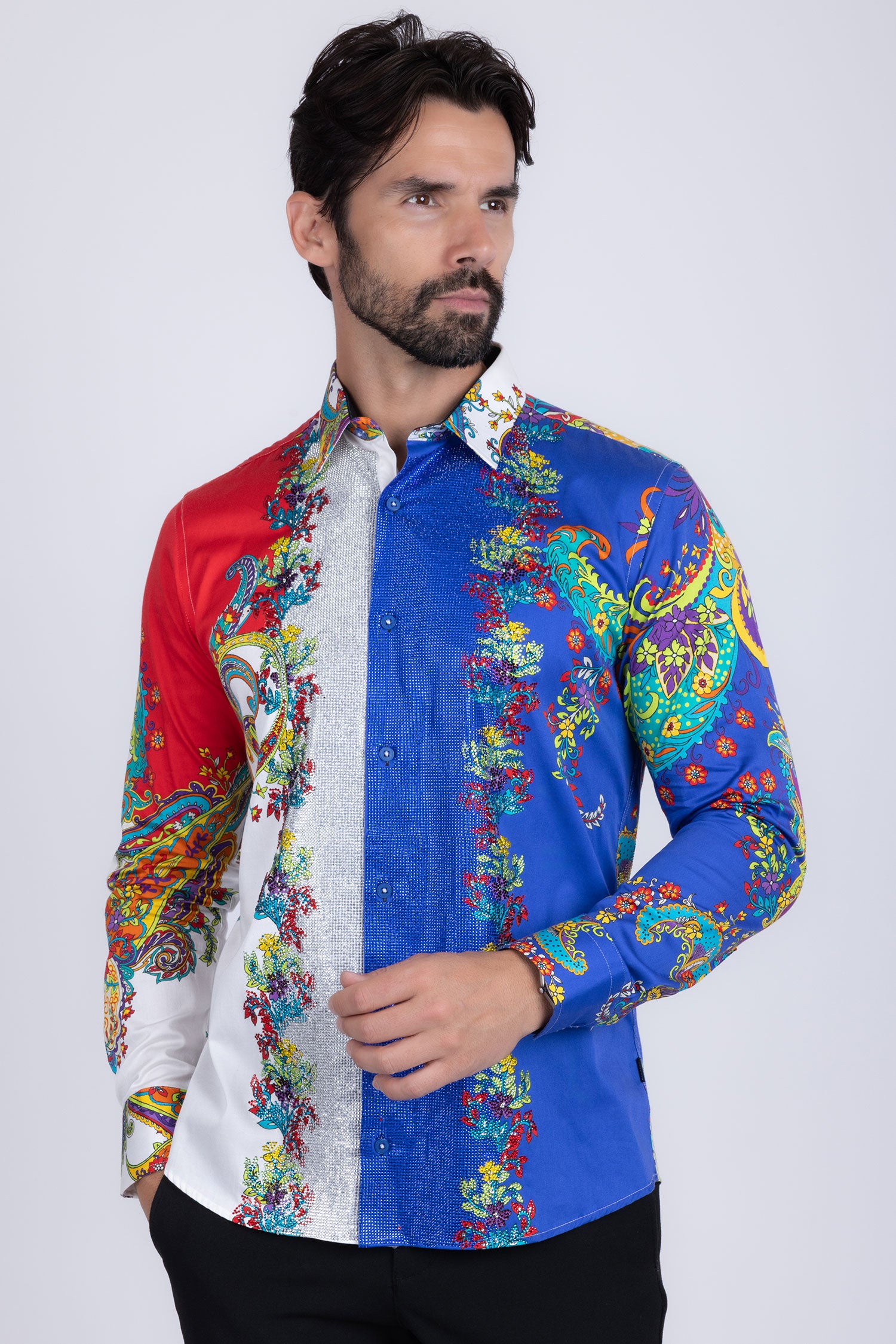 BARABAS Men's Floral Printed Rhinestone Long Sleeve Shirts SPR202
