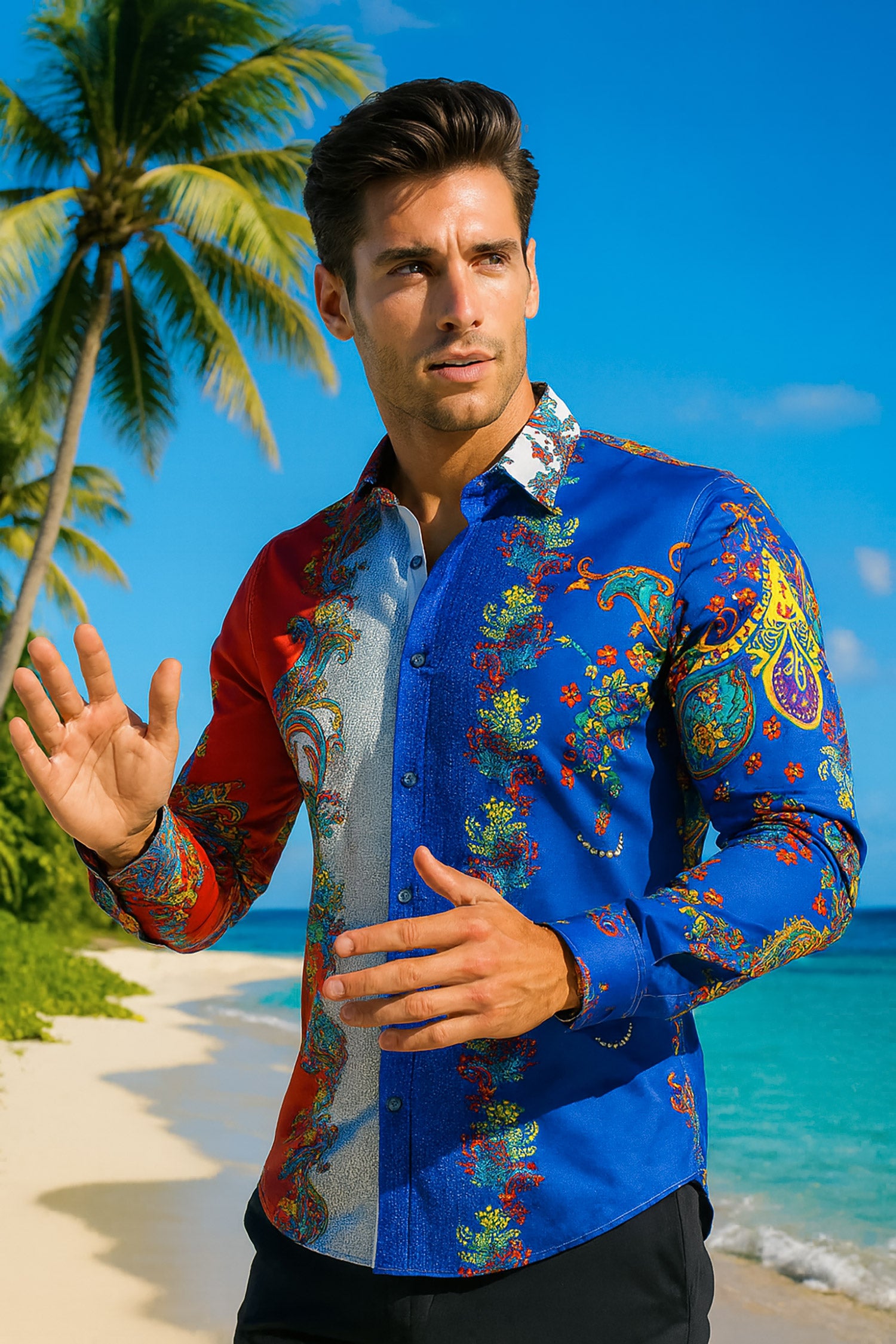 BARABAS Men's Floral Printed Rhinestone Long Sleeve Shirts SPR202