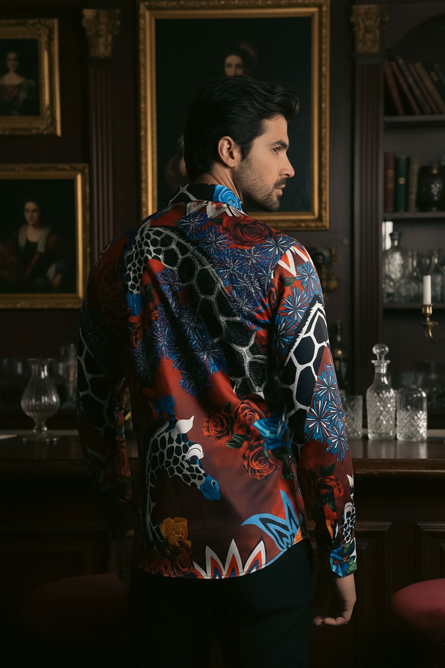 Barabas Men's Rhinestone Zebra Roses Prints Long Sleeve Shirt SPR217 Multi