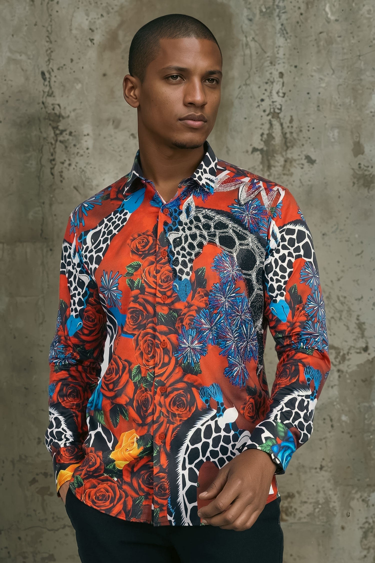 Barabas Men's Rhinestone Zebra Roses Prints Long Sleeve Shirt SPR217 Multi Colored