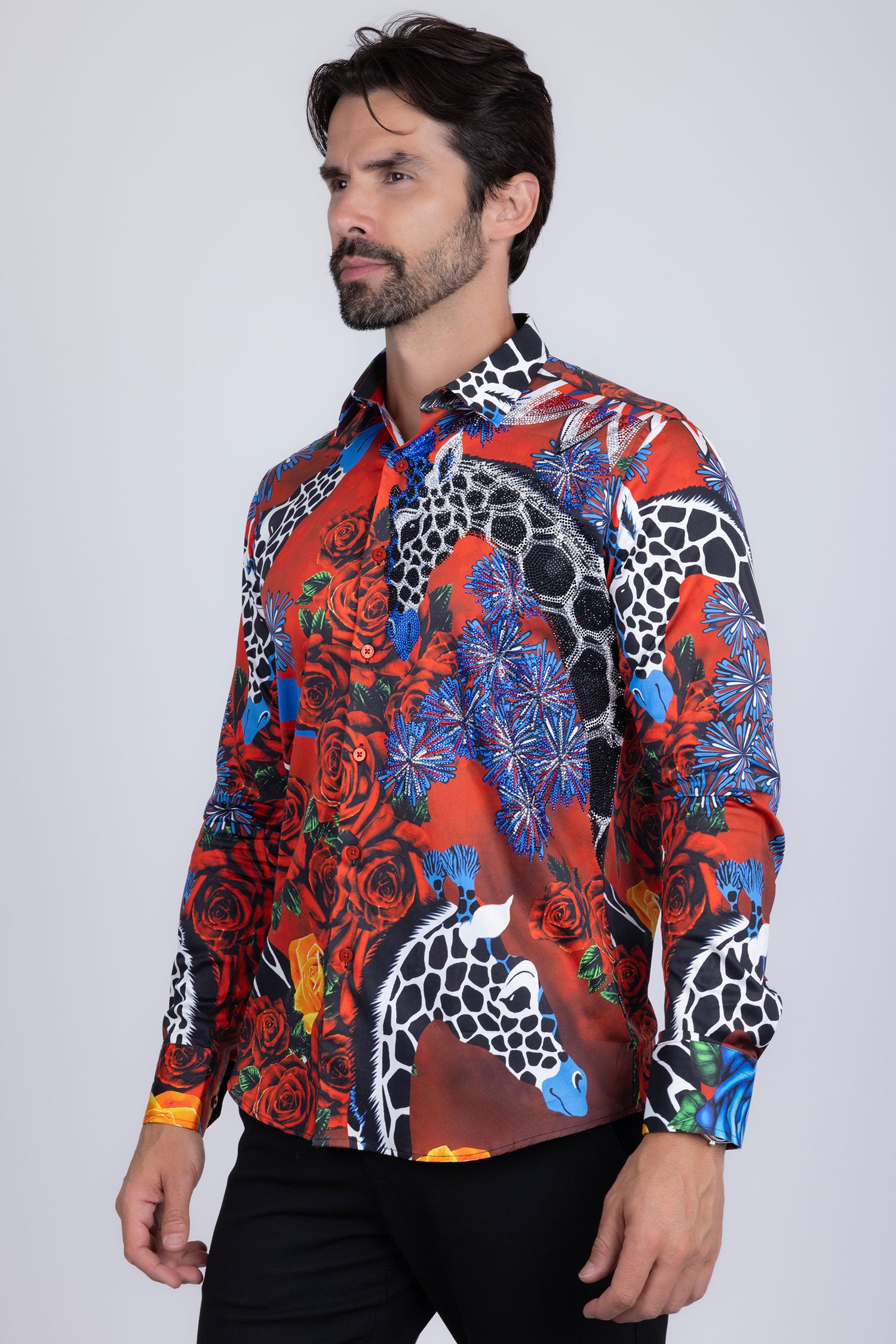 Barabas Men's Rhinestone Zebra Roses Prints Long Sleeve Shirt SPR217 Multi Colored
