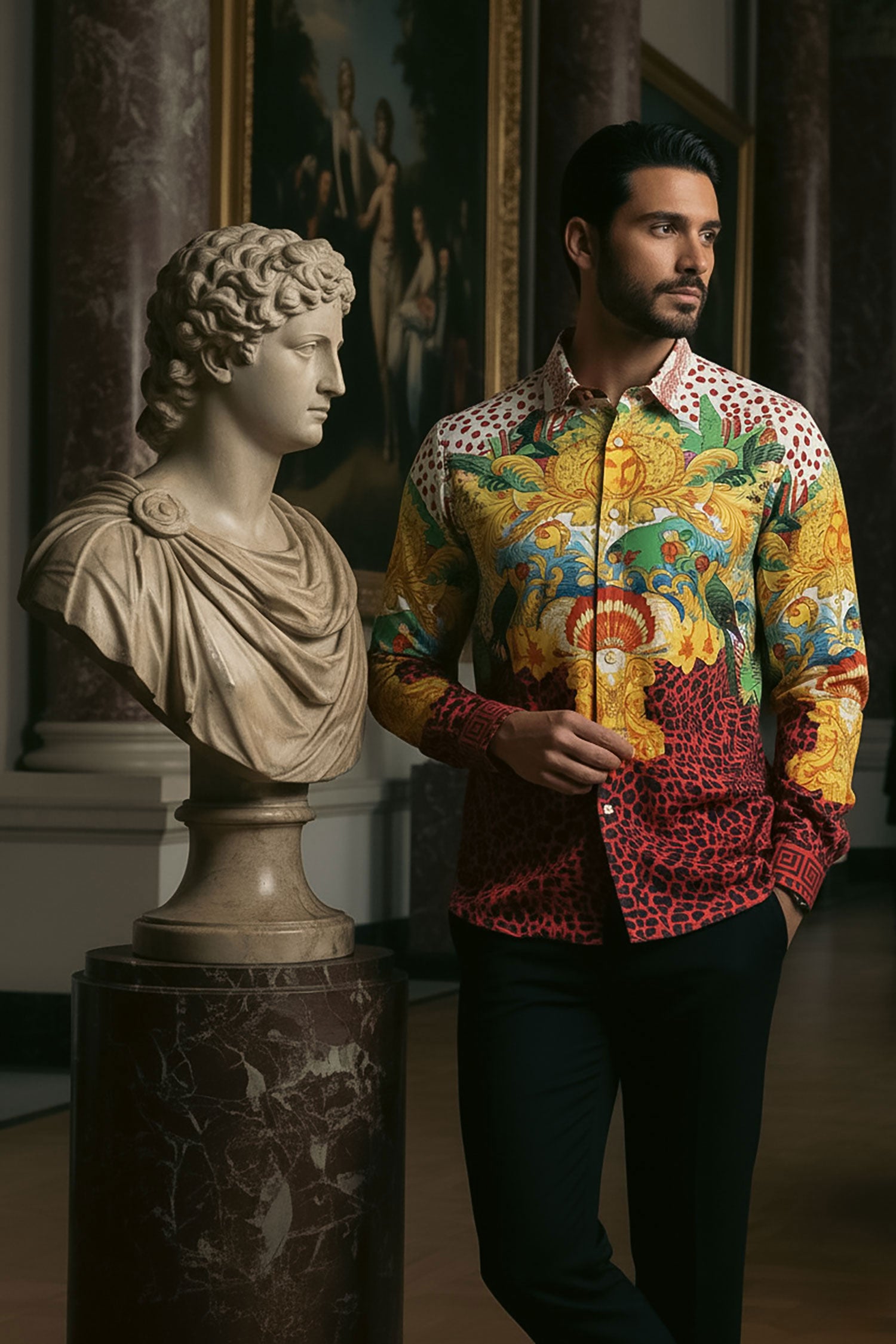 Barabas Men's Rhinestone Medusa Cheetah Long Sleeve Shirt SPR230 Yellow