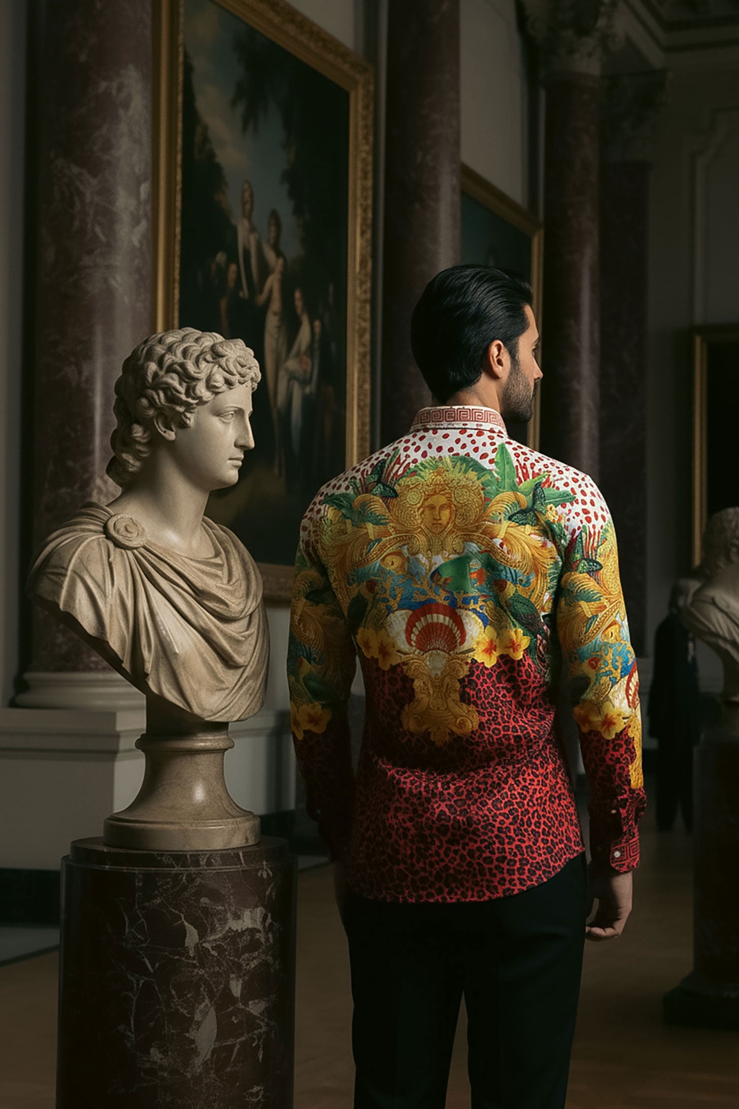 Barabas Men's Rhinestone Medusa Cheetah Long Sleeve Shirt SPR230 Yellow