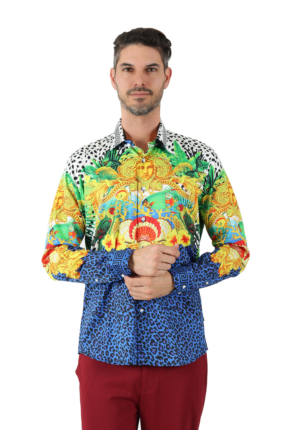 Barabas Men's Rhinestone Medusa Cheetah Long Sleeve Shirt SPR230 Blue