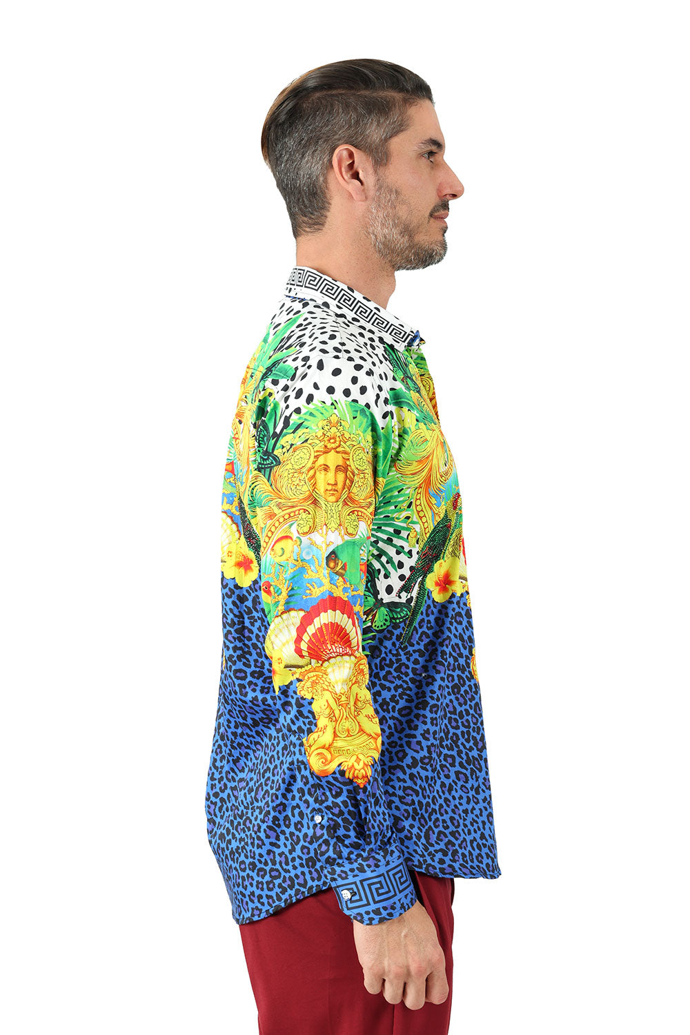 Barabas Men's Rhinestone Medusa Cheetah Long Sleeve Shirt SPR230 Blue