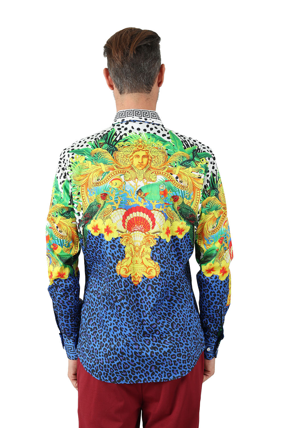 Barabas Men's Rhinestone Medusa Cheetah Long Sleeve Shirt SPR230 Blue