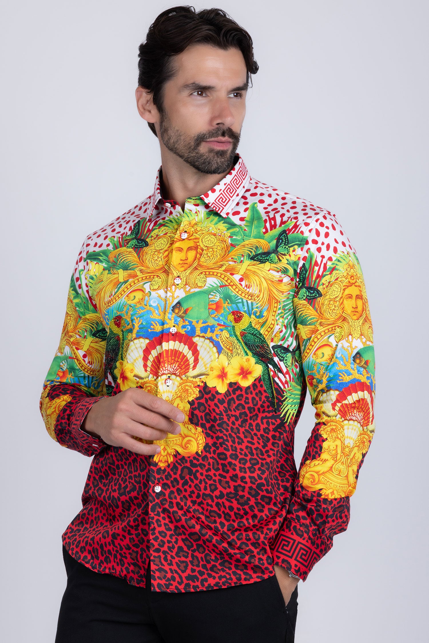 Barabas Men's Rhinestone Medusa Cheetah Long Sleeve Shirt SPR230 Red