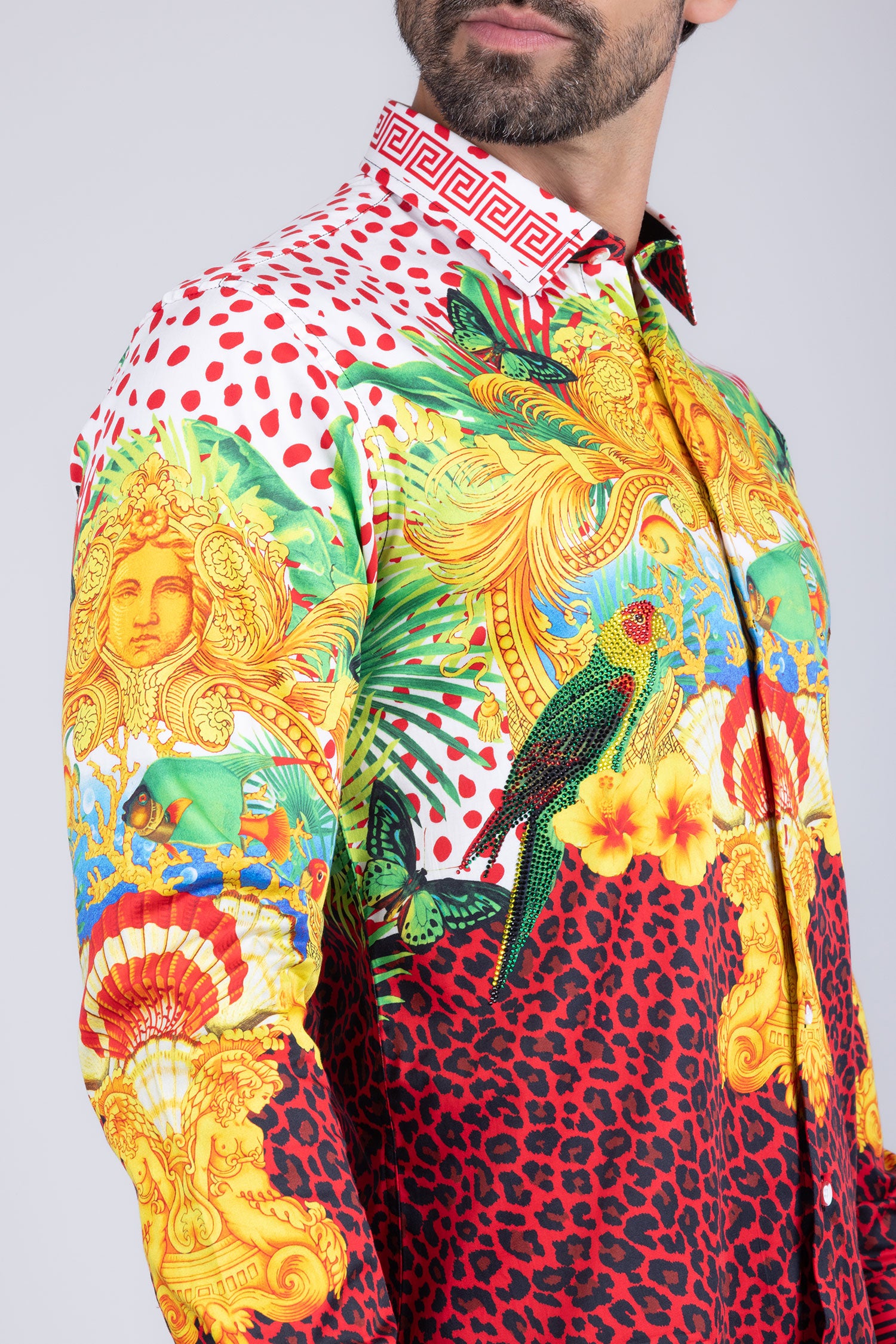 Barabas Men's Rhinestone Medusa Cheetah Long Sleeve Shirt SPR230 Red