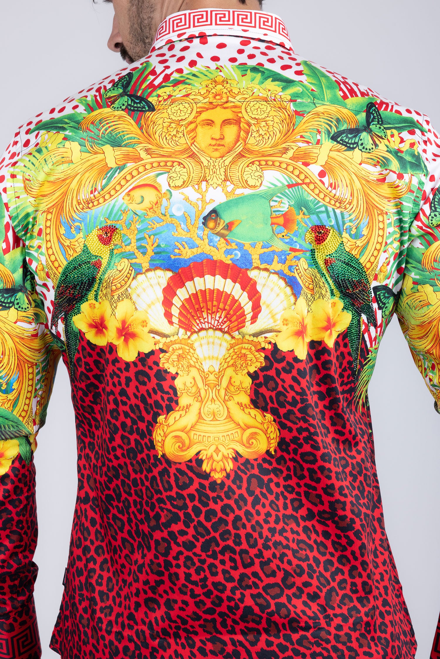 Barabas Men's Rhinestone Medusa Cheetah Long Sleeve Shirt SPR230 Yellow