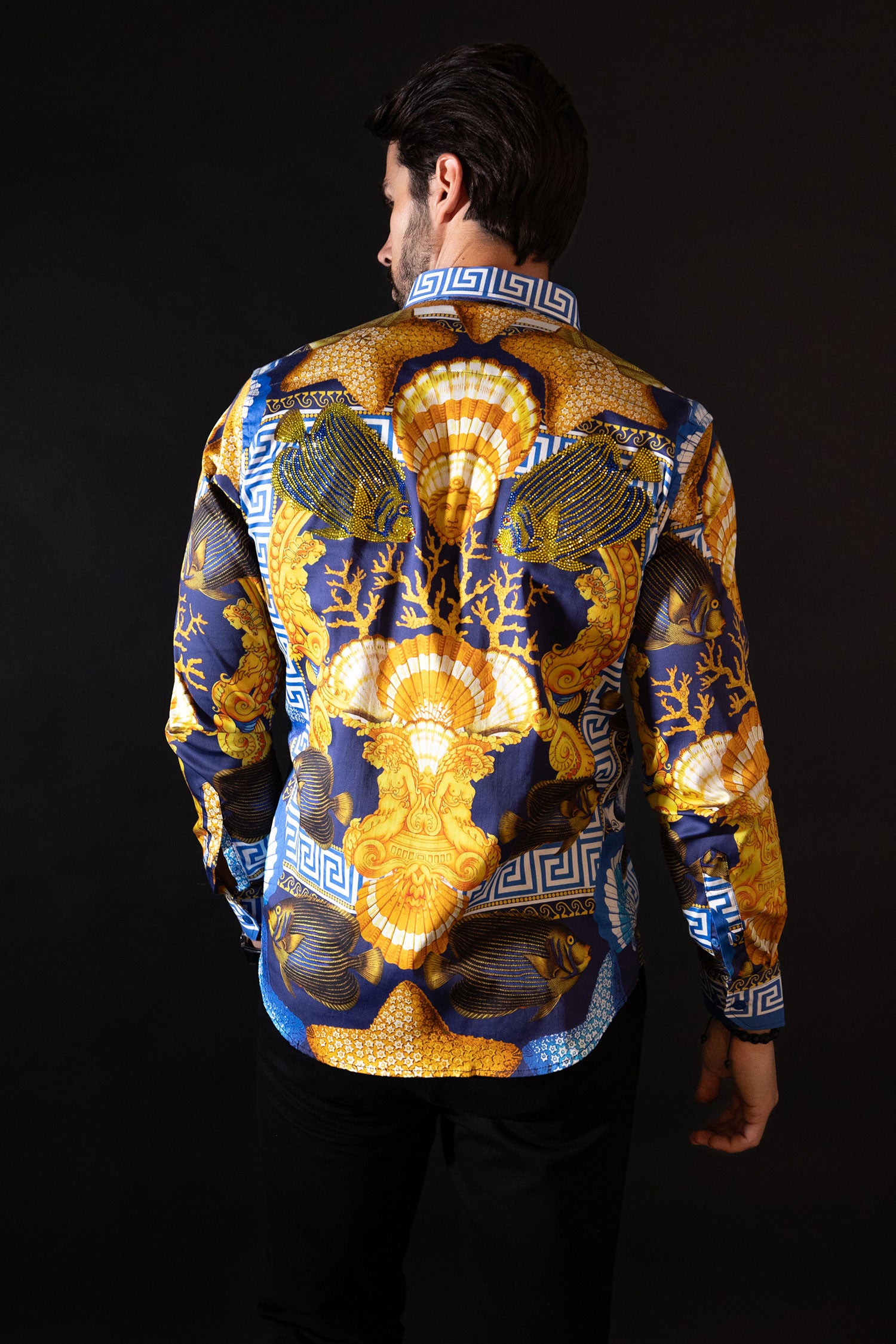 Barabas Men's Rhinestone Sea Animals Prints Long Sleeve Shirt SPR233 Blue