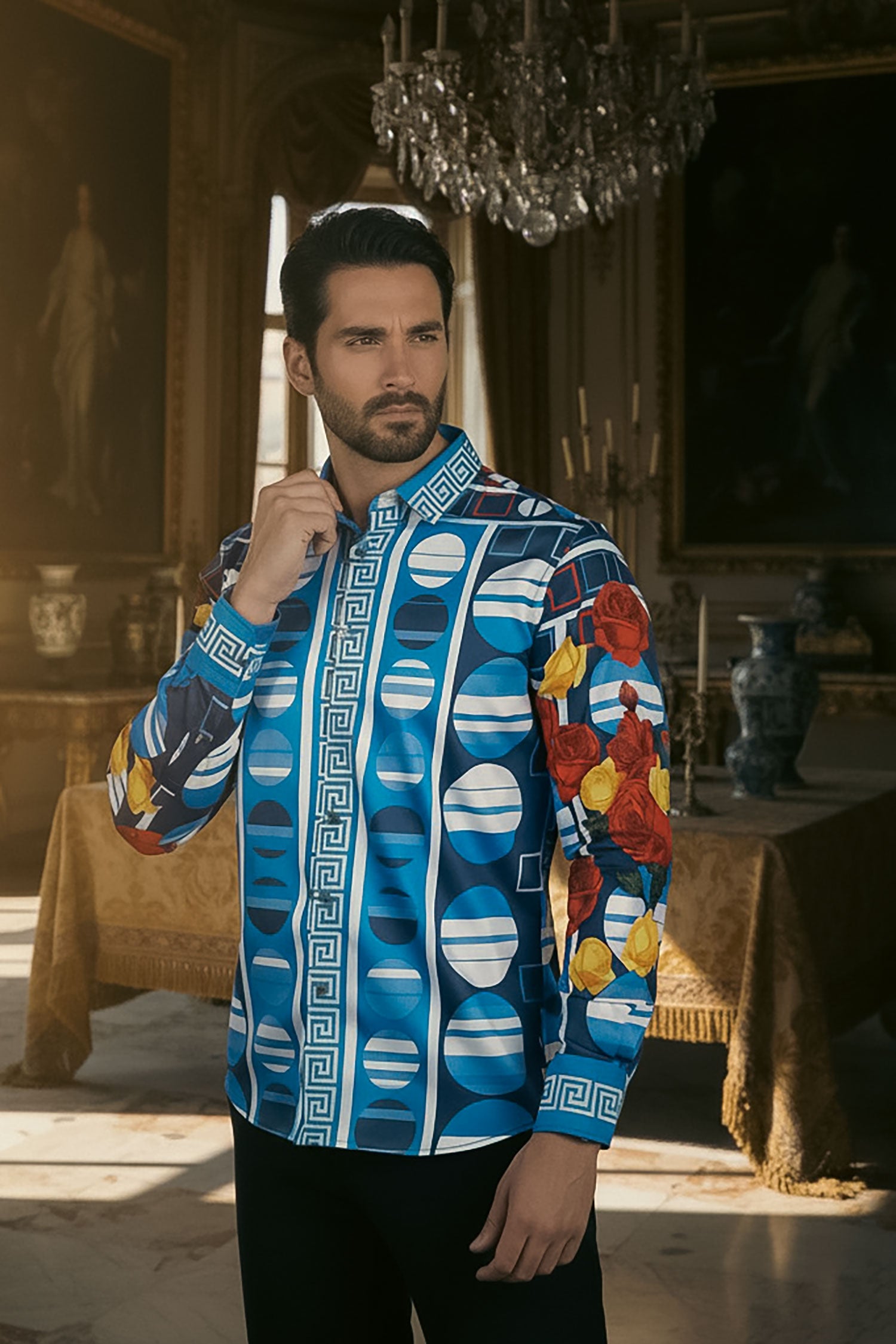 Barabas Men's Rhinestone Floral Geometric Long Sleeve Shirt SPR235 Blue