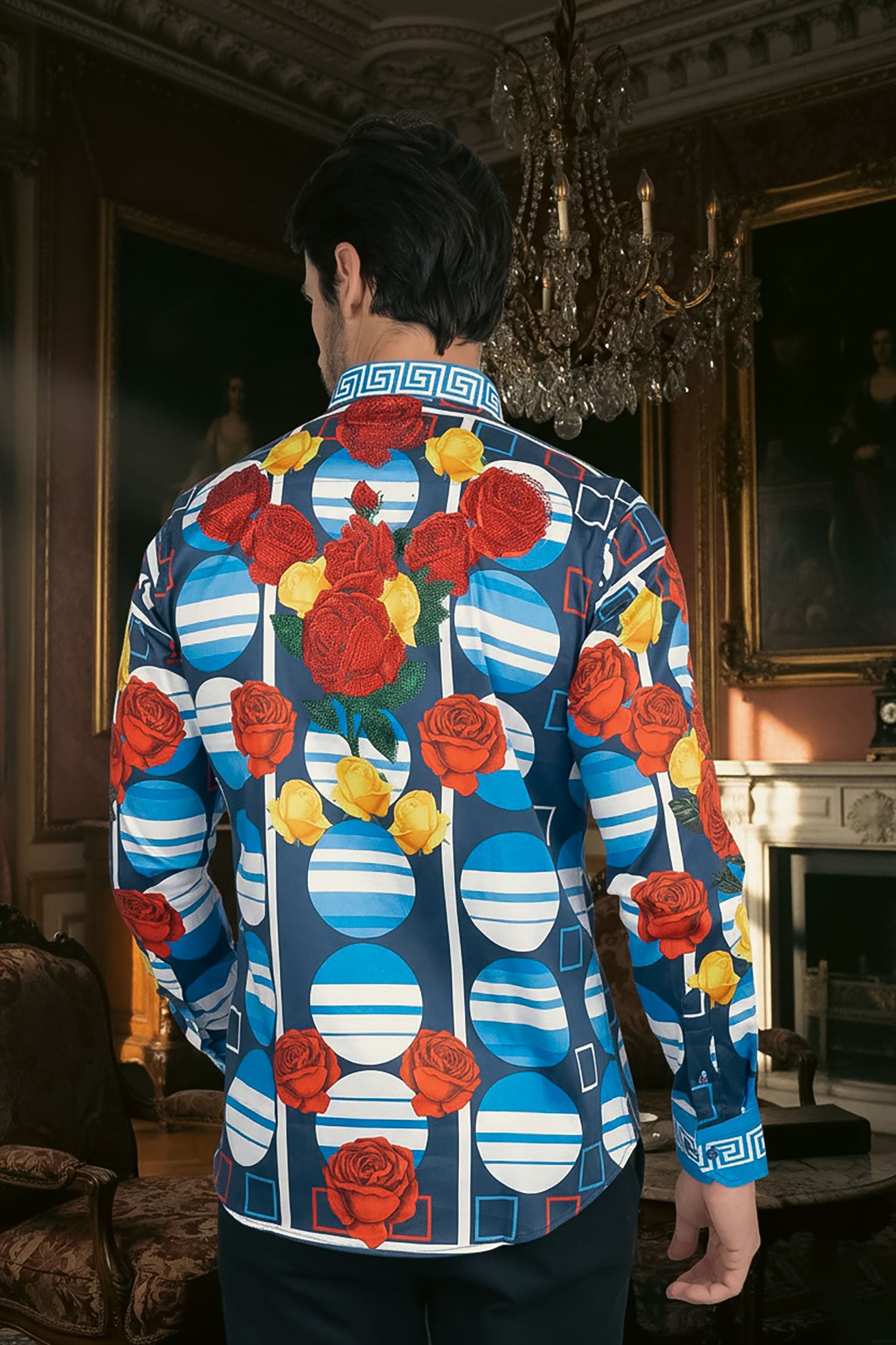 Barabas Men's Rhinestone Floral Geometric Long Sleeve Shirt SPR235 Blue