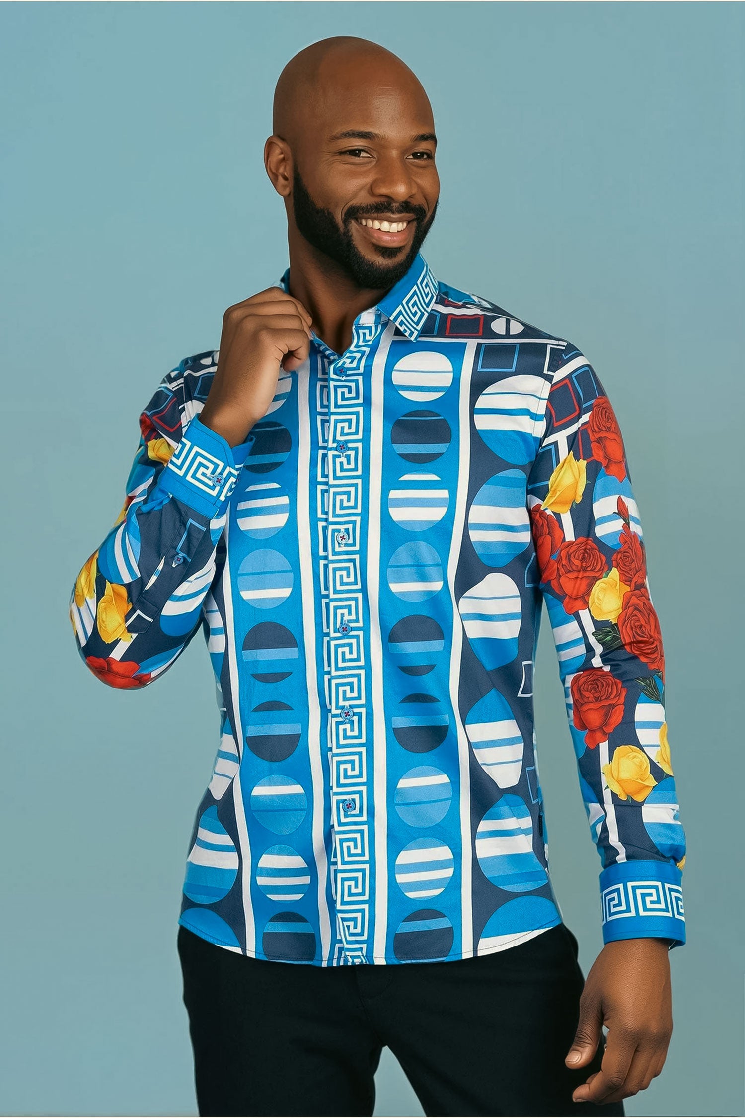 Barabas Men's Rhinestone Floral Geometric Long Sleeve Shirt SPR235 Blue