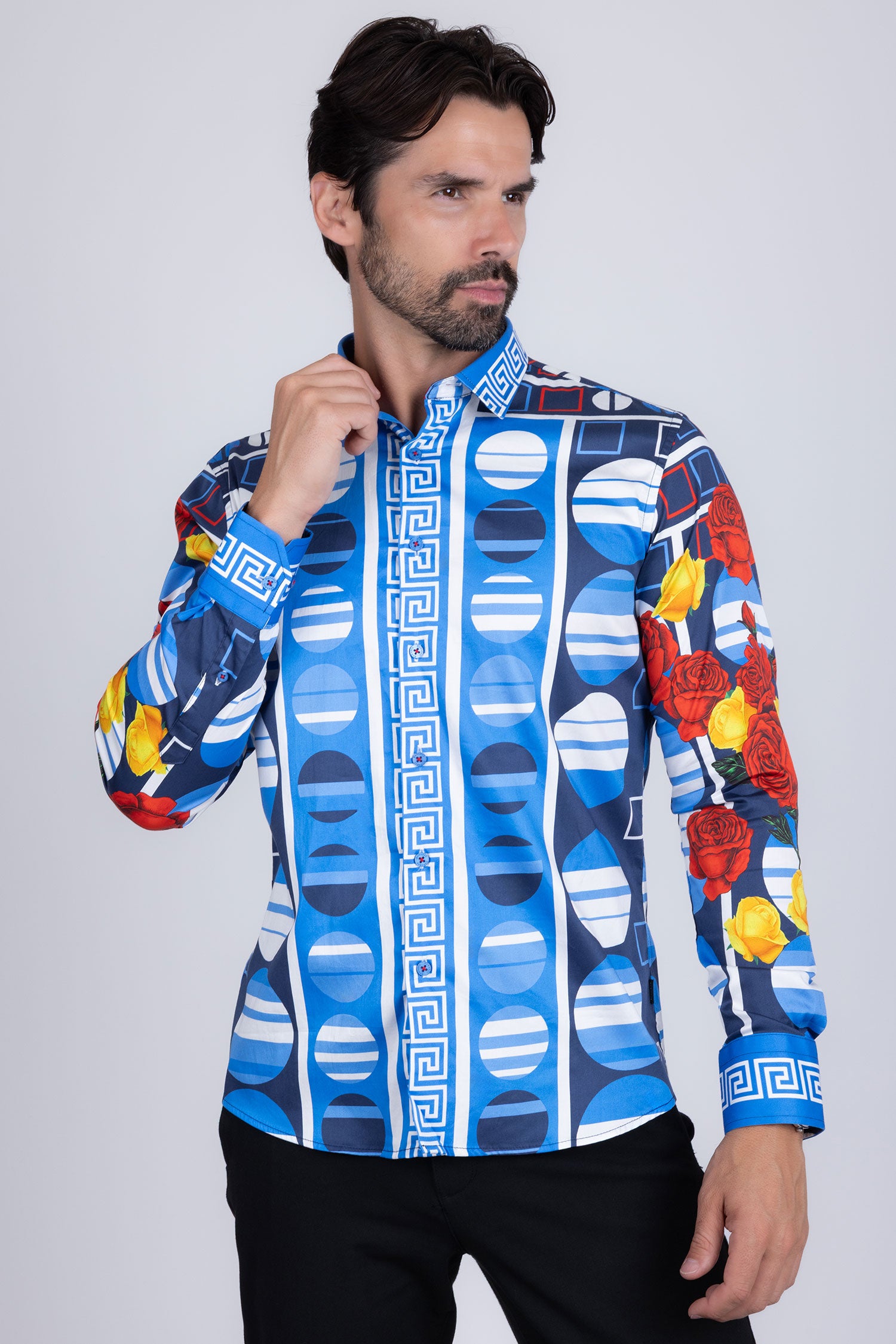 Barabas Men's Rhinestone Floral Geometric Long Sleeve Shirt SPR235 Blue