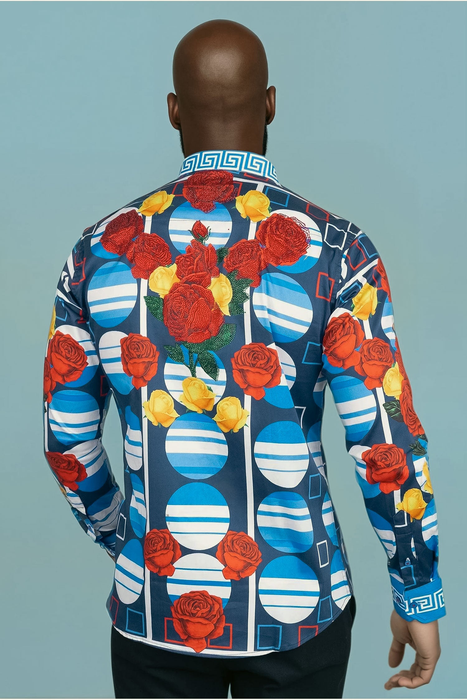 Barabas Men's Rhinestone Floral Geometric Long Sleeve Shirt SPR235 Blue