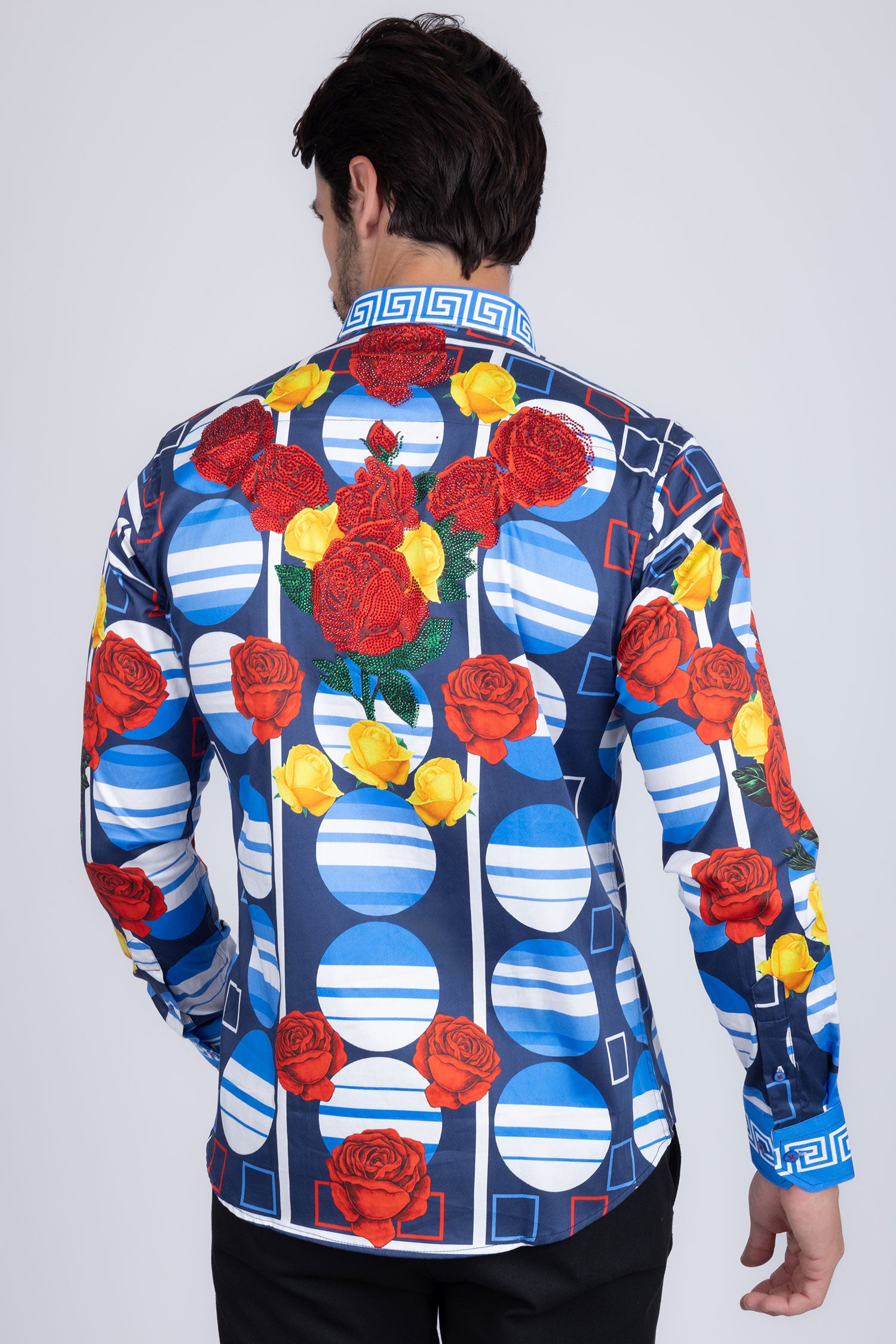 Barabas Men's Rhinestone Floral Geometric Long Sleeve Shirt SPR235 Yellow
